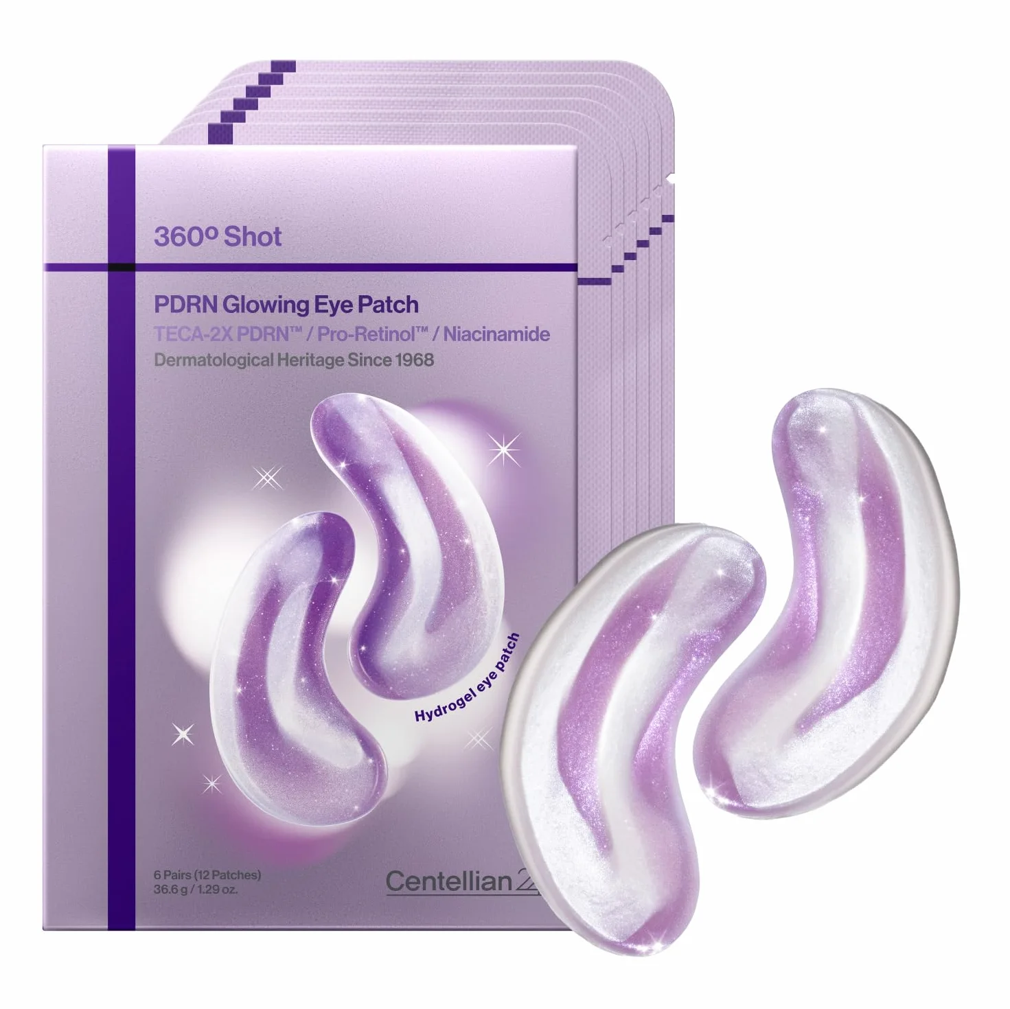 CENTELLIAN 24 360 Shot PDRN - Parche brillante para los ojos (6 juegos, 12 unidades) – Parches de hidrogel revitalizante instantáneo y revitalizante de círculos oscuros debajo de los ojos con PDRN