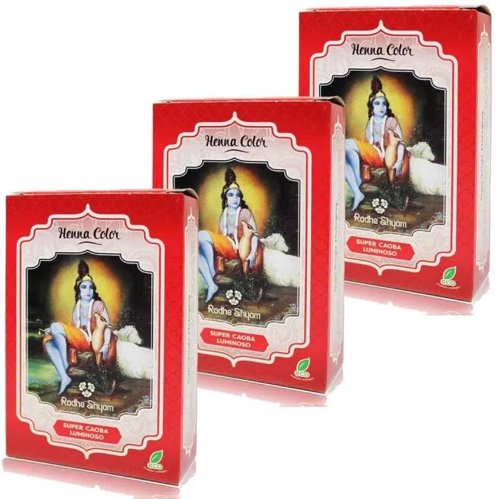 Pack 3 x Radhe Shyam Henna Super Caoba Luminoso 100 g – Coloración vegetal en polvo, tono caoba brillante, sin amoníaco ni PPD, sin sales metálicas, aplicación fácil en casa