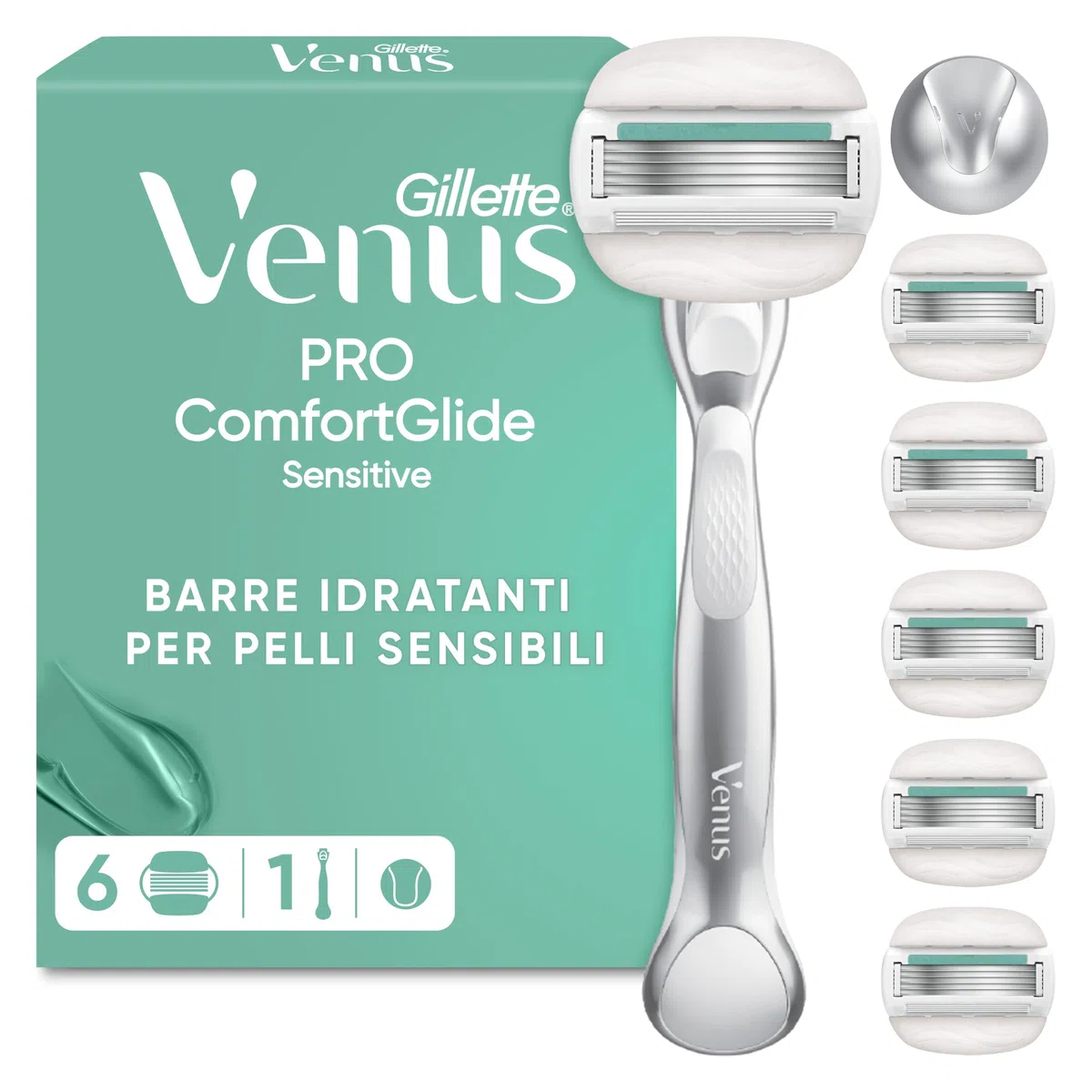 Gillette Venus Comfortglide Sensitive Maquinilla de Afeitar para Mujer, 1 Mango de Metal Y 6 Cuchillas de Recambio, Depilación Suave, Bandas Lubricantes con Aloe