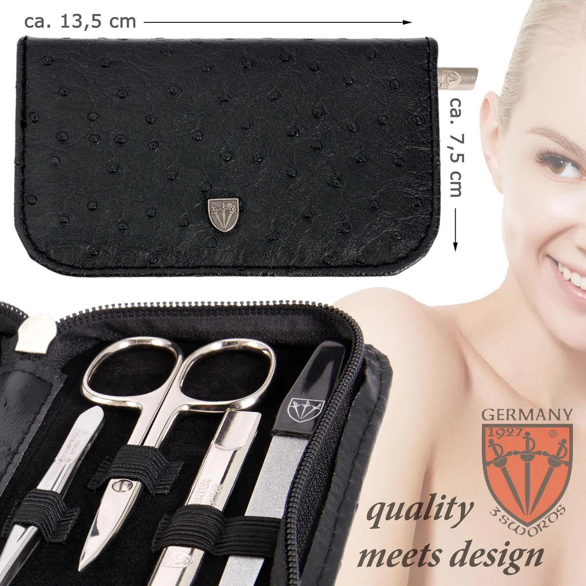 Tres Espadas - Set para el cuidado de las uñas ´Salamanca` de viaje con estuche para manicura y pedicura con lima de uñas de vidrio - Calidad de marca by 3 Swords (7681)