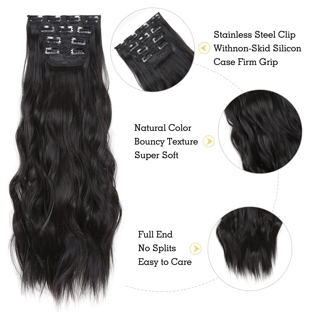 Clip in Hair Extensions Juego de 24 Pulgadas 4 Piezas Rizado Clip de Extensión de Cabello, Piezas de Cabello Para Mujeres YDDM Fibras de Cabello Sintéticas A(1B#)