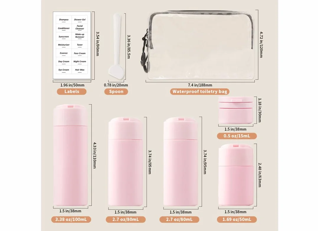 Paquete de 5 Botellas de Viaje Breves y Modernas aprobadas por la TSA, sin BPA, Botellas Recargables para cosméticos, champú, Crema, acondicionador... (Nordic Ancient Antique White)