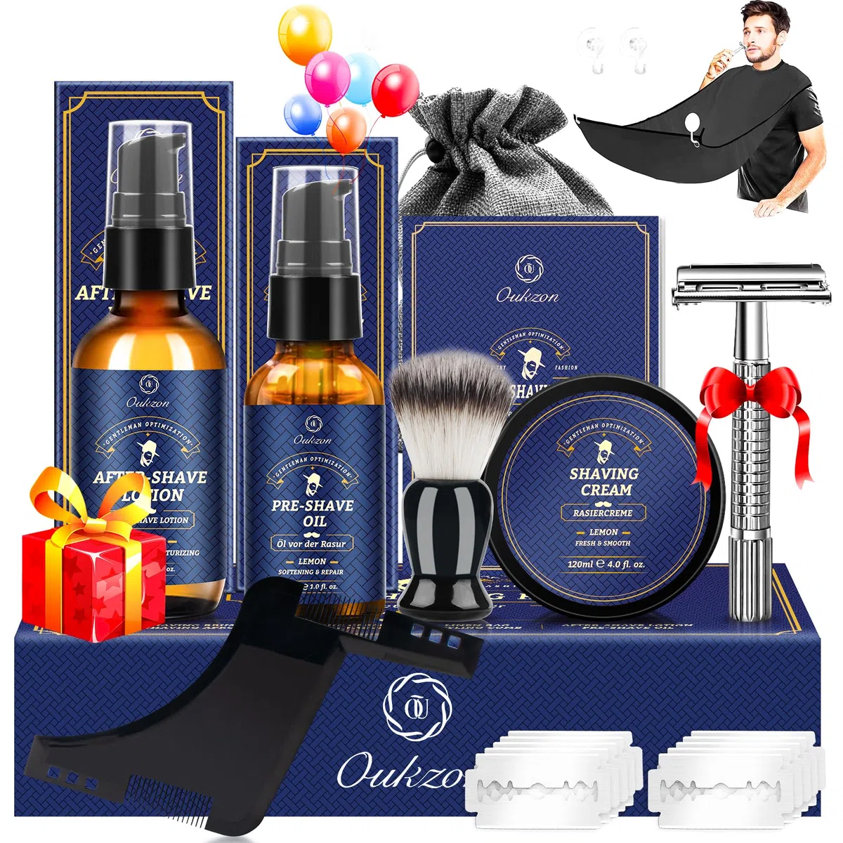Kit Barba Cuidado Barba Hombre, Set Afeitado Hombre con Aceite Barba, Crema de Afeitar, Loción de Cuidado, Cepillo, Peine, Babero, Afeitadora Clásica y 10 Hojas, Mejor Regalos para Papa y Novio