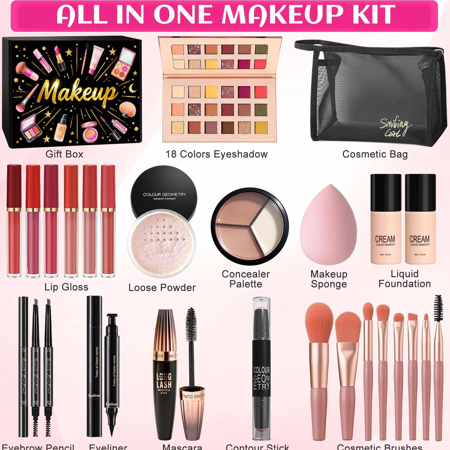 Kit de Maquillaje Profesional, Set de Maquillaje Mujer, Estuche de Maquillaje Todo en Uno con Paleta Sombras de Ojos, Fundación, Corrector, Máscara, Gloss Labios, Pinceles, Regalo Ideal para Niñas