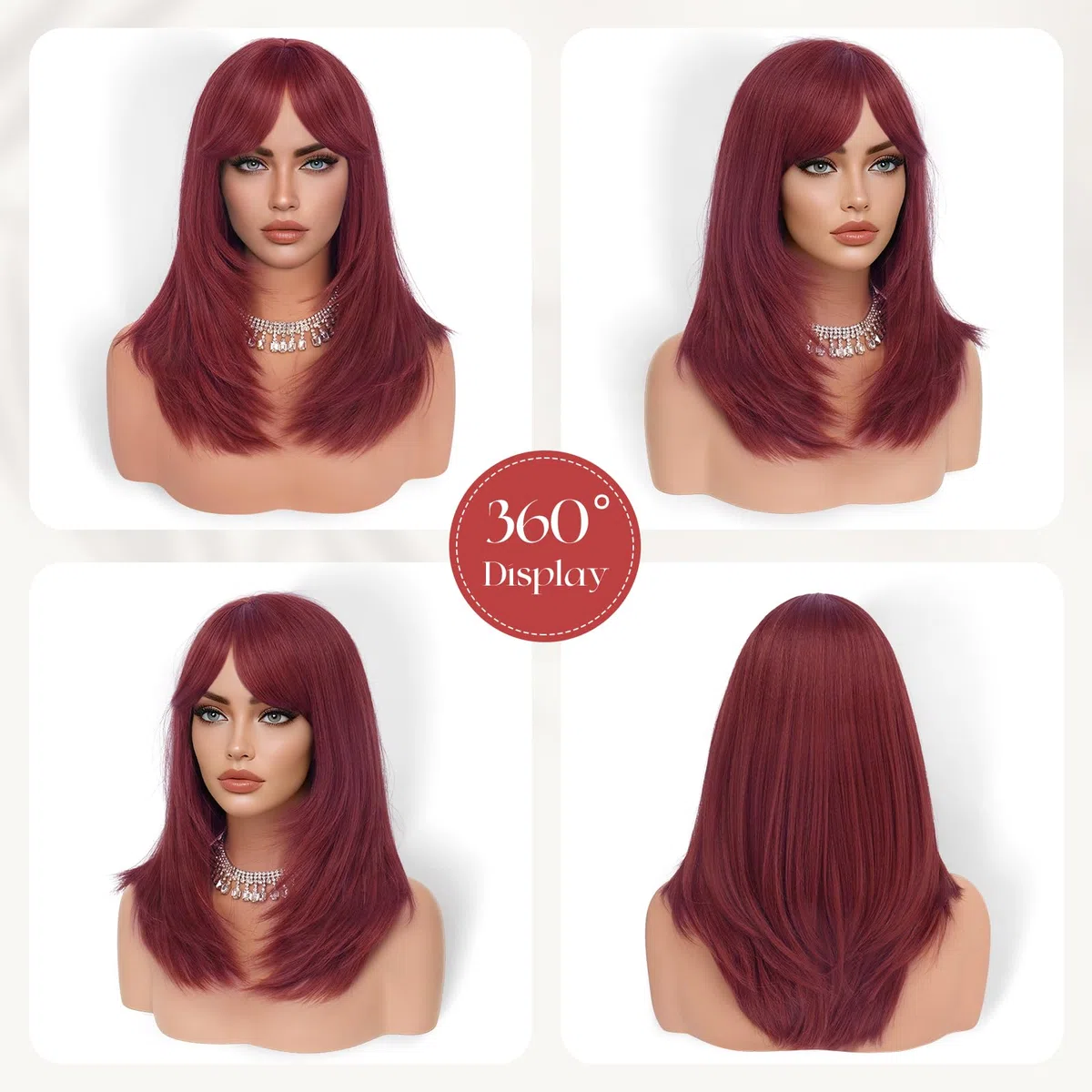 Sofeiyan Pelucas Mujer pelo Natural con Flequillo, 40 cm Burdeos Rojo Oscuro Sintético Resistente al Calor Peluca Largas Rectas,Cabello Layered para Fiestas Diarias y Cosplay