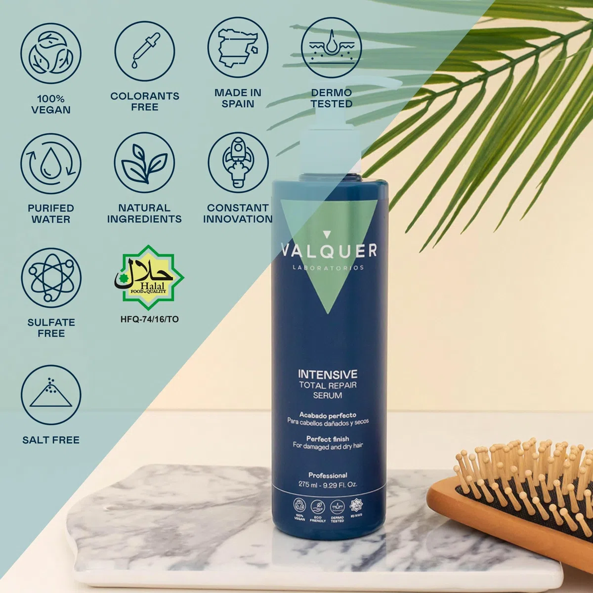 Valquer Sérum Capilar Intensivo Total Repair. Tratamiento Reparador para Cabellos Dañados y Secos con Panthenol y Vitamina E. Brillo, Suavidad y Acabado Perfecto. Vegano. 275 ml