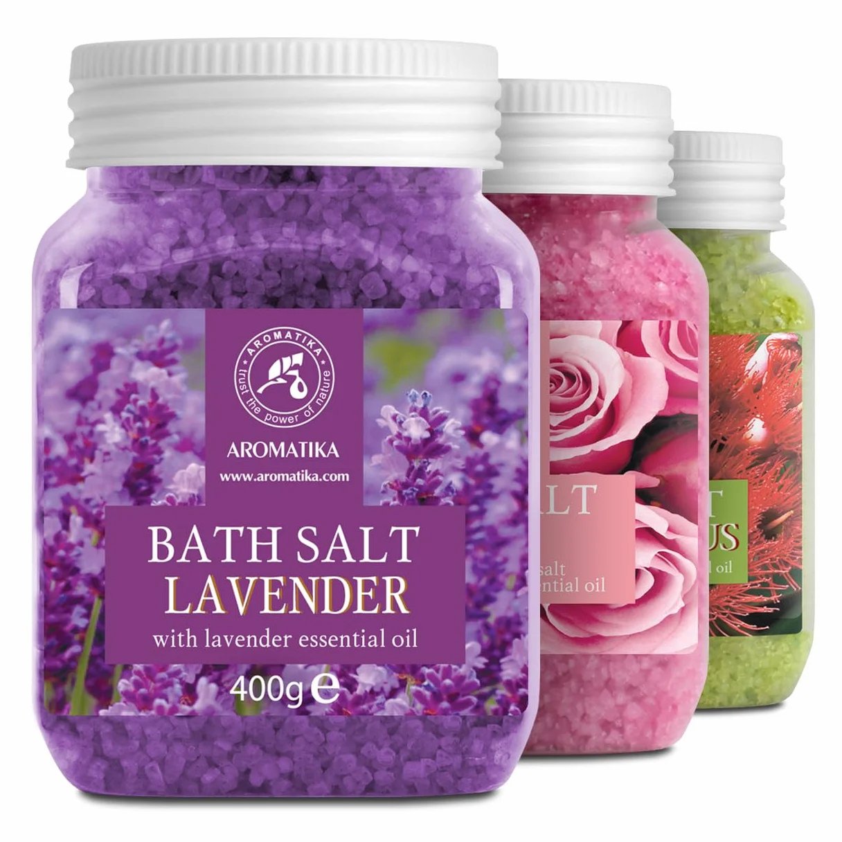 Sales de Baño Set 3x400g con Aceite 100% Natural Lavender - Rosas - Eucalipto - Mejor para Buen Sueño - Alivio del Estrés - Baño - Cuidado Corporal - Bienestar - Belleza - Relajación - Spa