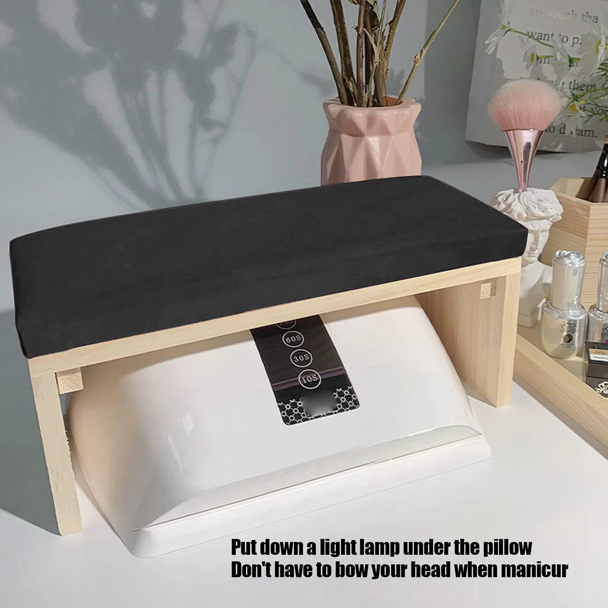 Reposamuñecas de manicura, reposamuñecas con soporte de madera, duradero y suave cojín de manicura de piel sintética para la mesa de uñas(negro)