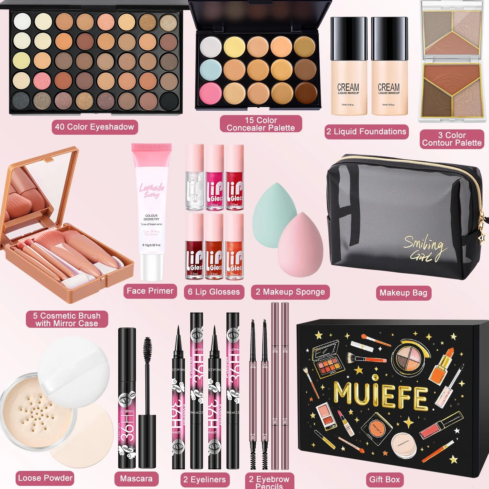 Set Maquillaje Mujer, Kit Maquillaje Profesional Completo, Estuche Regalo Maquillaje Adolescente con Paleta Sombras de Ojos Paleta de Corretores Contorno Fondo Mascara Brillo Labial Línea Ojos