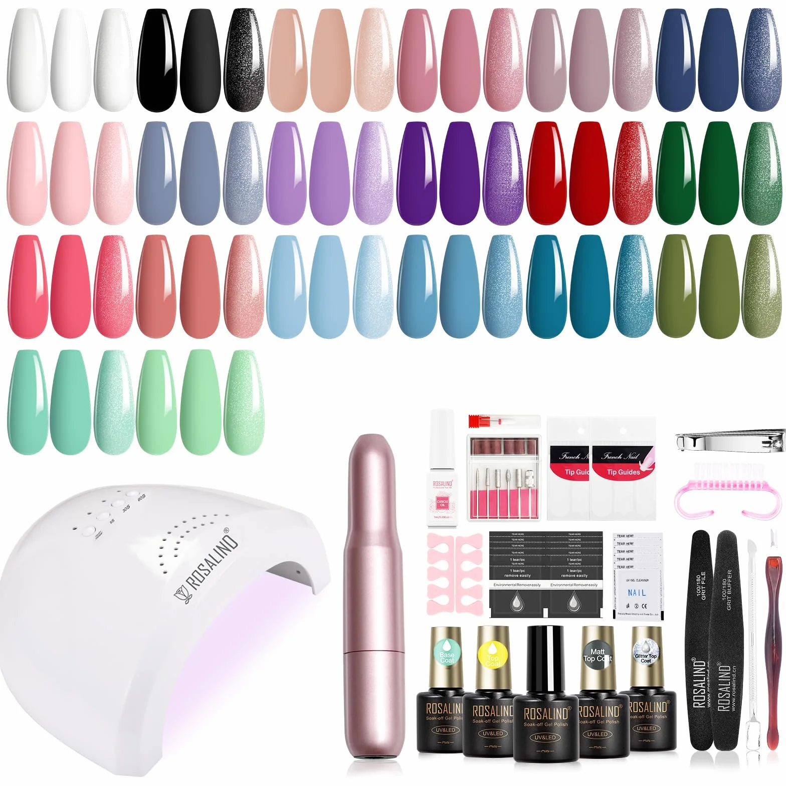 ROSALIND Kit Uñas Semipermanentes con Lámpara 48W, 20+4 Piezas Esmaltes Semipermanentes Blanco Negro Morado Rojo Azul Verde Colores Uñas Semipermanentes Kit Completo Con Lima Electrica Uñas