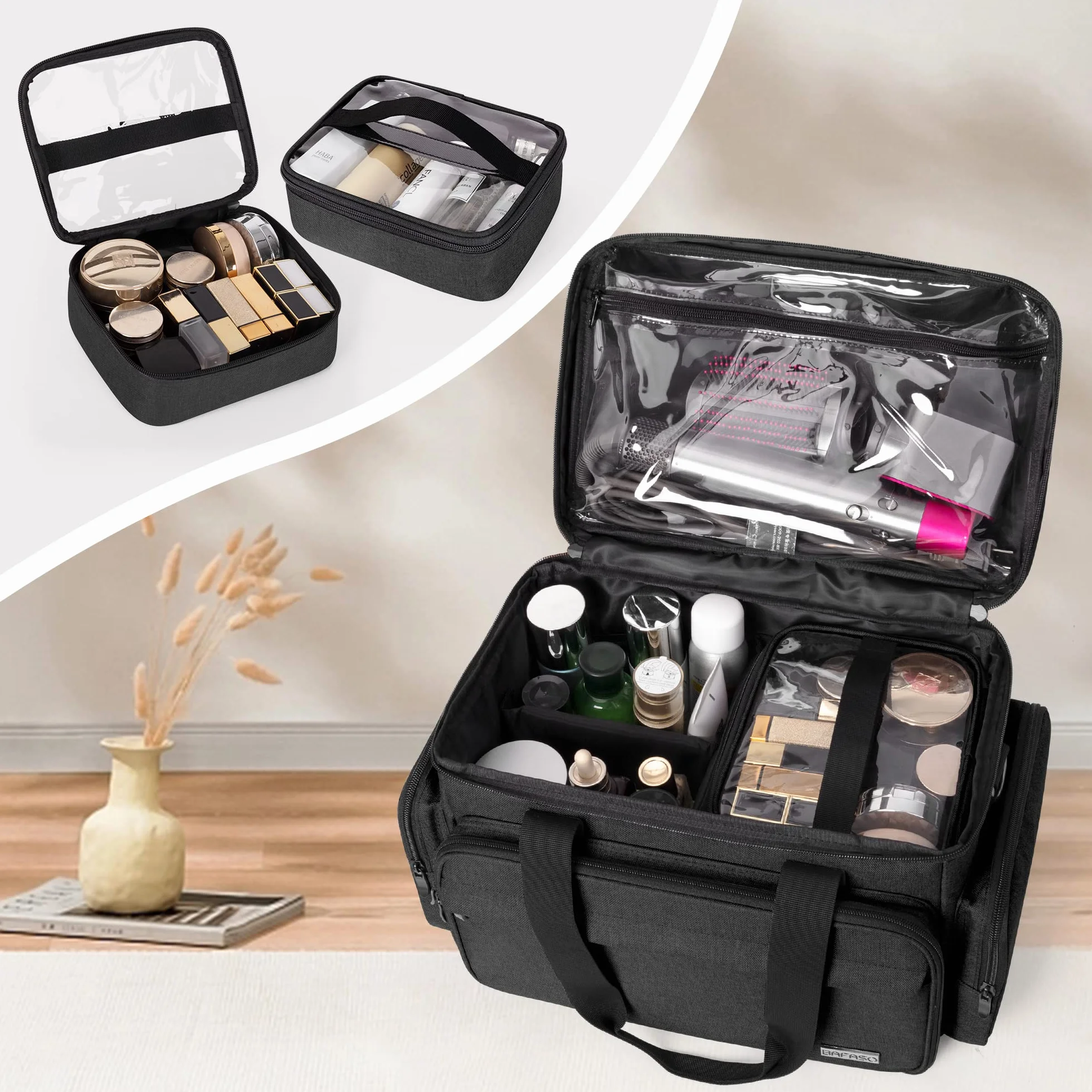 BAFASO Bolsa de Maquillaje de Viaje Grande con 3 Bolsas Interiores Extraíbles y Divisores, Bolsa de Cosméticos Multifunción para Guardar Artículos de Maquillaje y Cabello (Pendiente de Patente), Negro