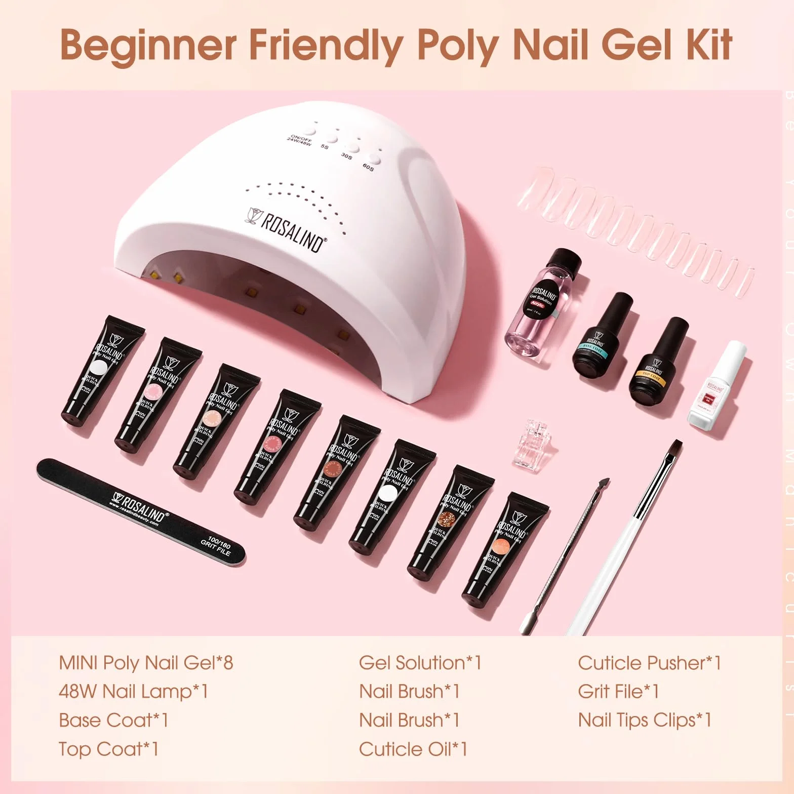 ROSALIND Kit Uñas de Gel, 8 Colores 10ml Gel Extensión de Uñas Kit Completo, con 48W UV Lámpara, Base & Top Coat, Herramientas de Manicura, Nail Art Poligel Kit para Principiantes,Profesionales