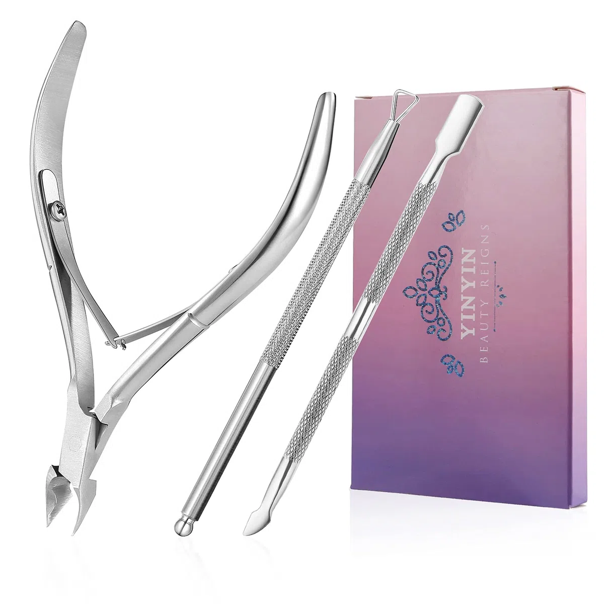 YINYIN - Cortacutículas con empujador de cutículas y cortador de cutículas, cortador profesional de acero inoxidable, herramientas de manicura de pedicura para uñas de manos y pies (plateado)