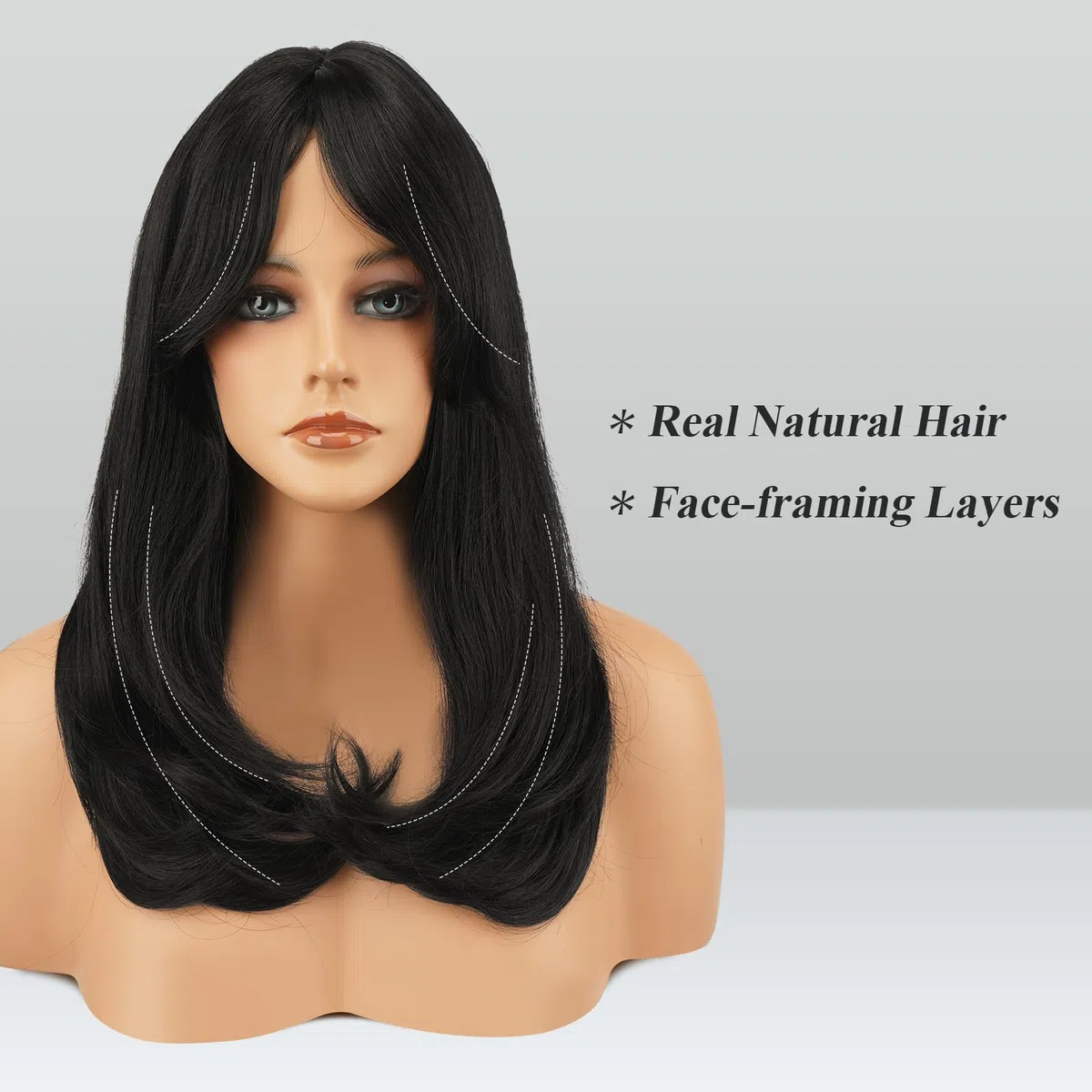 FESHFEN Larga Pelucas con Flequillo, Sintética de Cabello Natural Peluca de Pelo para Mujeres, 45 cm Negro