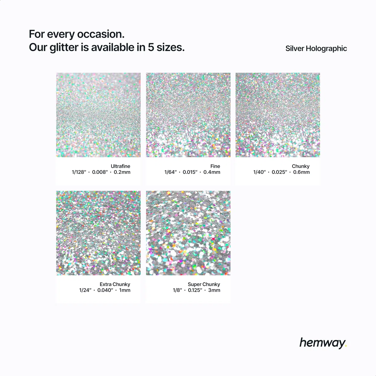 Hemway Eco Friendly Biodegradable Glitter 100g / 3.5oz Cosmético Bio Safe Chispa Vegana para la cara, Sombra de ojos, Craft - 1/40" 0.025" 0.6mm - Plata holográfica