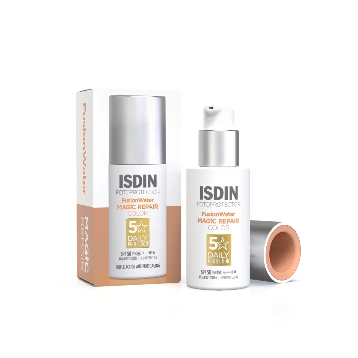 ISDIN Foto Protector Magic Repair Fusion Water Color SPF 50 - Protector solar facial con color de fase acuosa, triple acción anti-fotoenvejecimiento, 50 ml