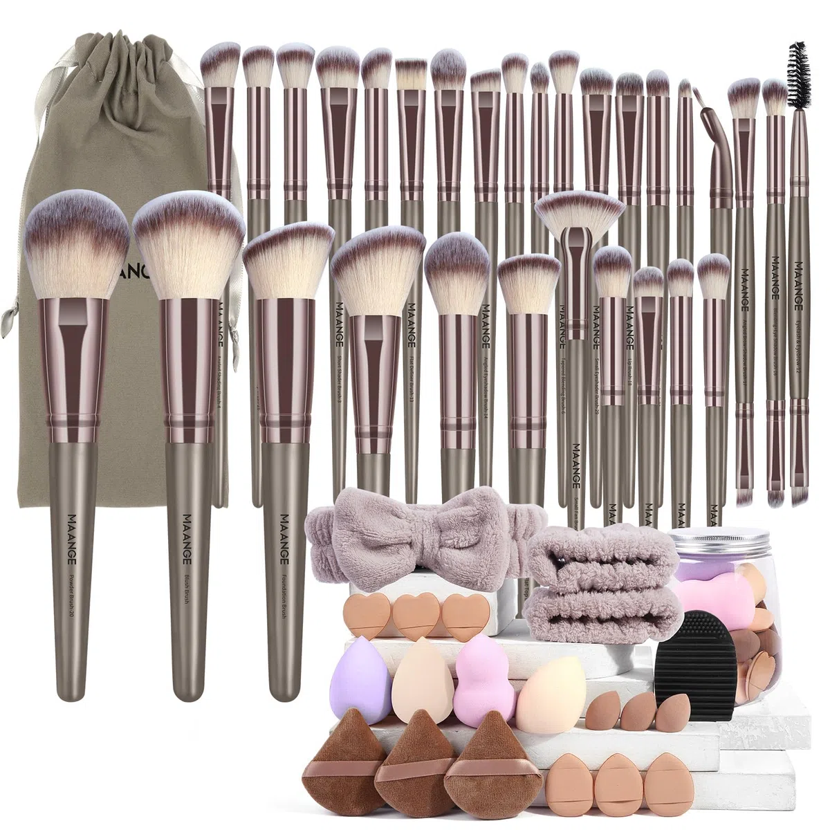 MAANGE Juego de 49 brochas de maquillaje, juego de herramientas de maquillaje multifuncionales con brochas de maquillaje, brochas de maquillaje, bolsa de brochas de maquillaje (champán)