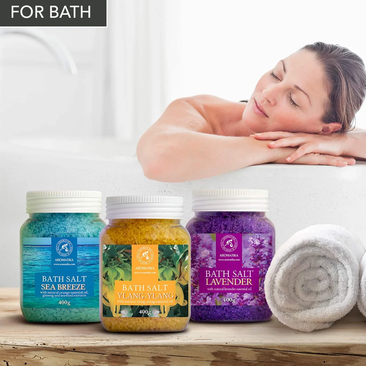 Set Sales de Baño 3x400g con Aceite 100% Natural Lavender - Ylang-Ylang - Sea Breeze - Mejor para Buen Sueño - Alivio del Estrés - Baño - Cuidado Corporal - Bienestar - Belleza - Relajación - Spa