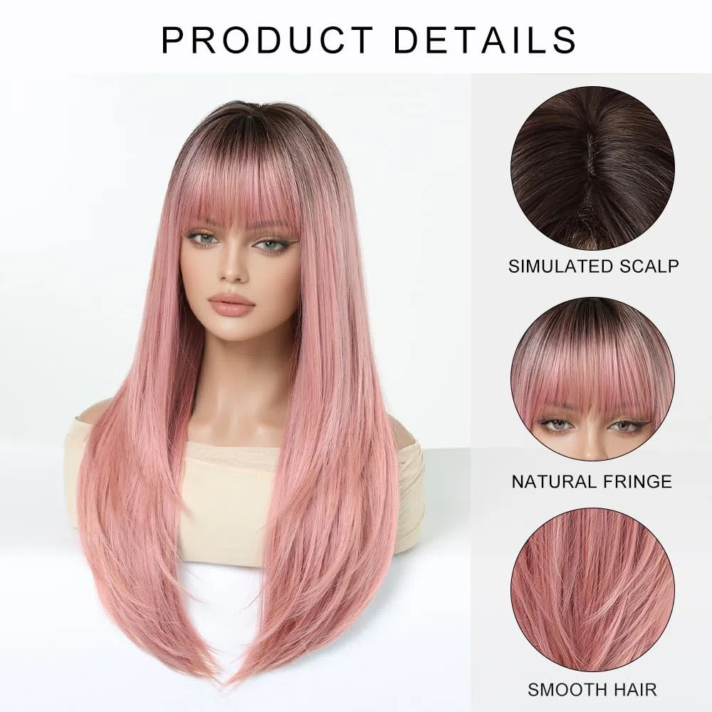 Esmee Pelucas Rectas Largas Rosa para Mujer con Flecos Peluca Ombre de Pelo Sintético Natural para Uso Diario y Fiesta