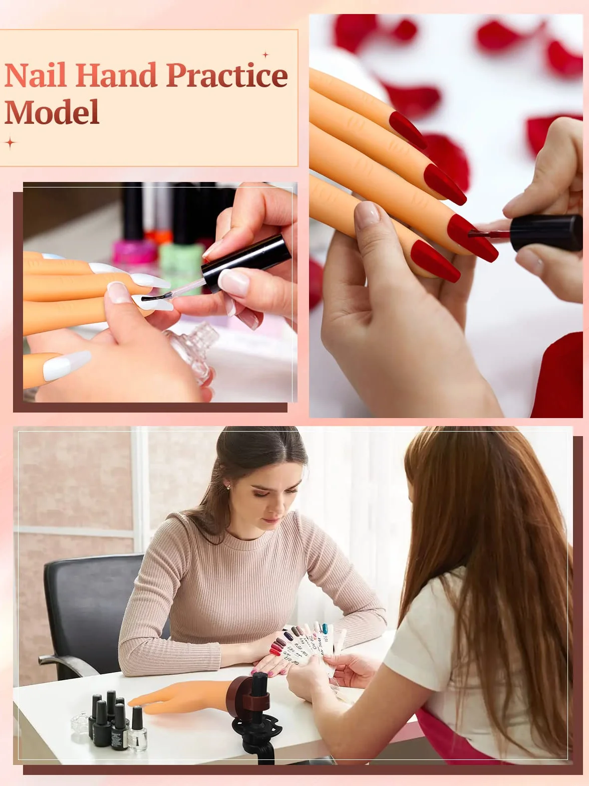 LIONVISON Mano para Practicar Uñas acrílicas, Manicura Flexible Mano de Practicas de Uñas y 200 Piezas de Uñas Acrilicas para Uñas Manicural