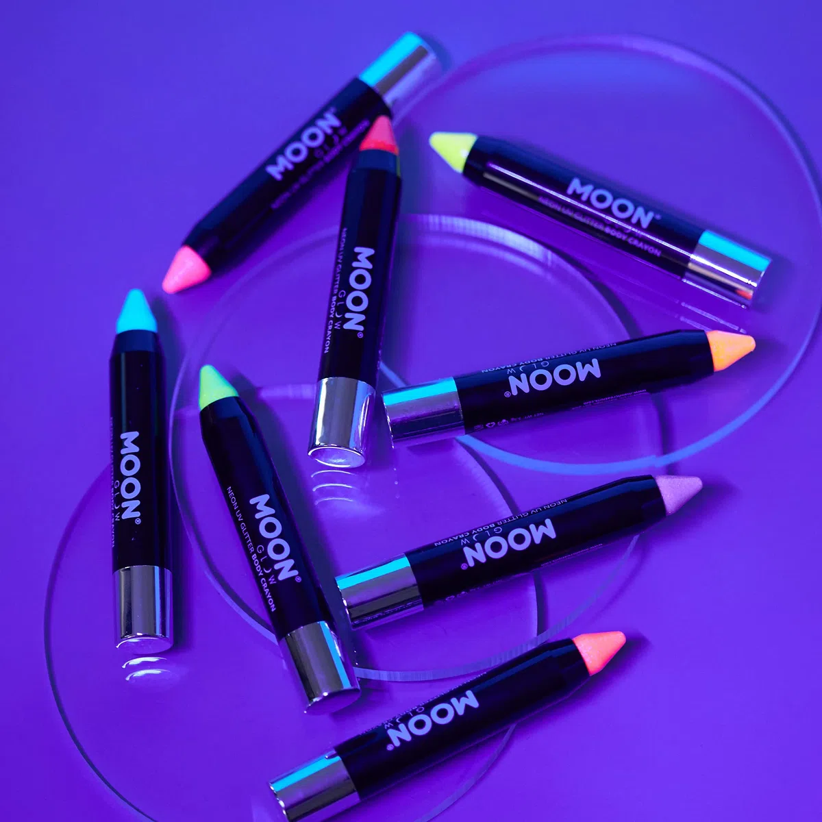 Moon Glow Barra de pintura facial/crayón corporal con purpurina UV de neón, maquillaje para rostro y cuerpo - Brilla intensamente bajo iluminación UV8 Unidades (Paquete de 1)