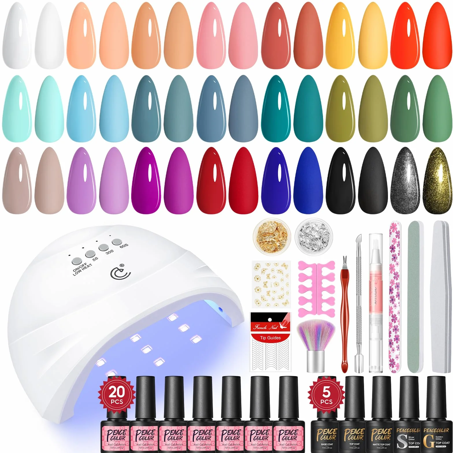 PEACECOLOR 38PCS Kit Uñas Semipermanentes Completo con Lámpara,20 Colores Esmaltes Semipermanentes para Uñas con Base, Top Coat Brillante y Mate Kit Uñas de Gel para Principiantes