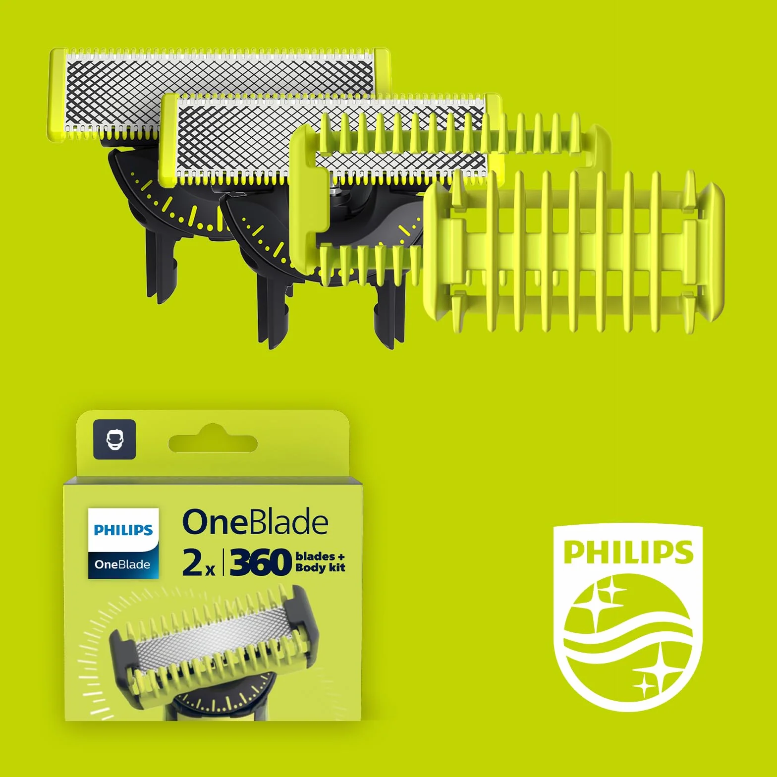 Philips Auténticas Cuchillas de repuesto originales OneBlade 360 para kit de cara/cuerpo, para afeitadora eléctrica OneBlade y recortadora, modelo QP624/50