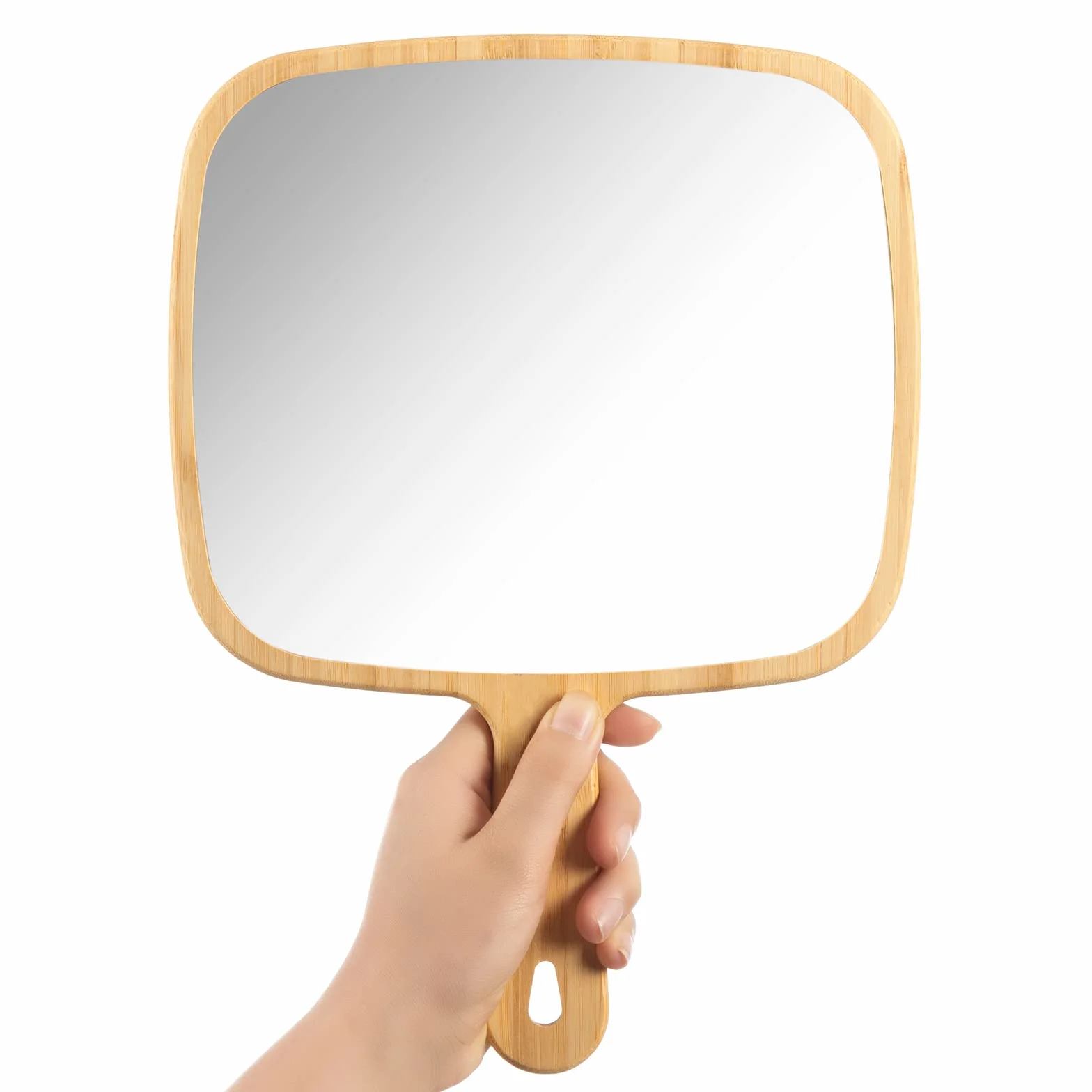 YEAKE Espejo de mano extragrande de bambú natural con asa, espejo de viaje portátil de una cara para hombres y mujeres, 22,5 cm de ancho x 31,5 cm de largo