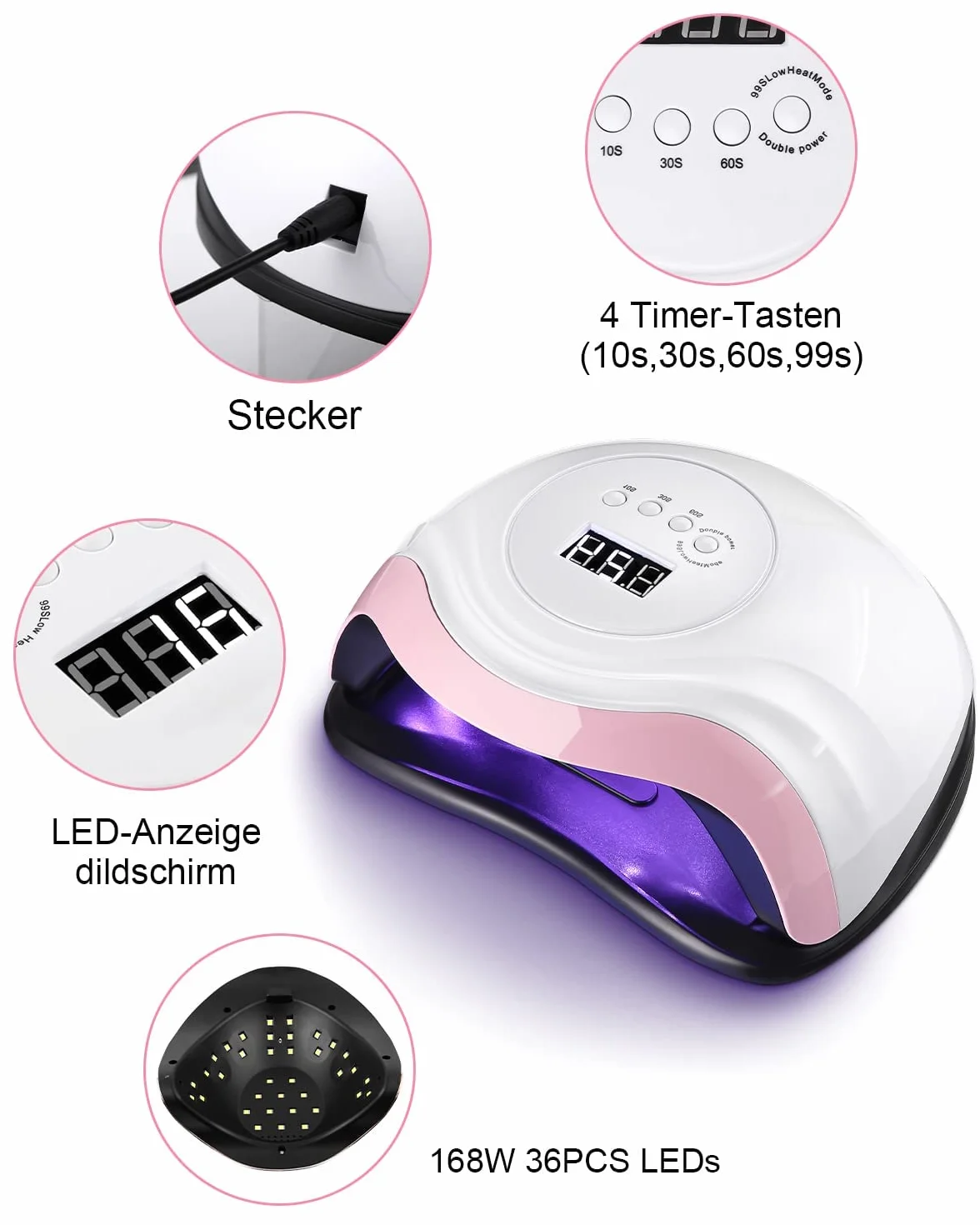 168W Lámpara UV Seca Uñas, Lámparas de Uñas Profesional Secado Rápido 36 LEDs, 4 Temporizadores de 10/30/60s/99 Gran Pantalla LCD base Desmontable (Elegant-White Pink)