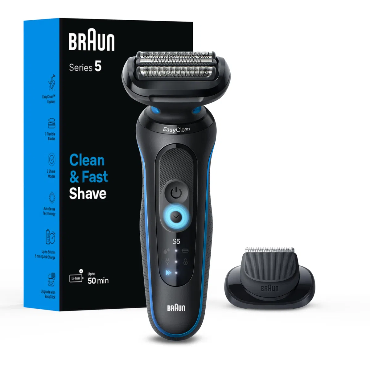 Braun Afeitadora eléctrica para hombre, serie 5 5118s, afeitado húmedo y seco, modo de afeitado turbo, afeitadora de aluminio, diseñada en Alemania, con recortadora de precisión, azul