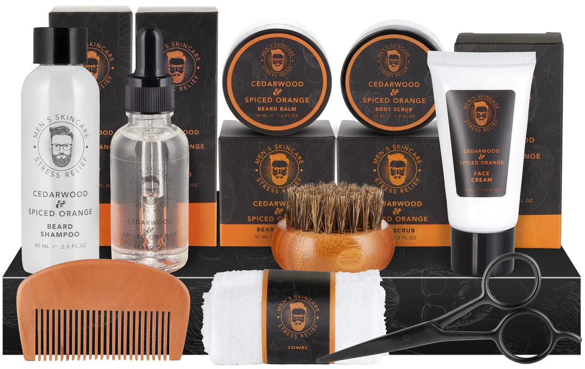 BRUBAKER Kit de 9 Piezas para el Cuidado de la Barba y la Cara con Champú, Aceite, Bálsamo, Cepillo, Crema para la Cara, Pelar, Peine, Tijeras, Guante para Lavar - Regalos para Hombres