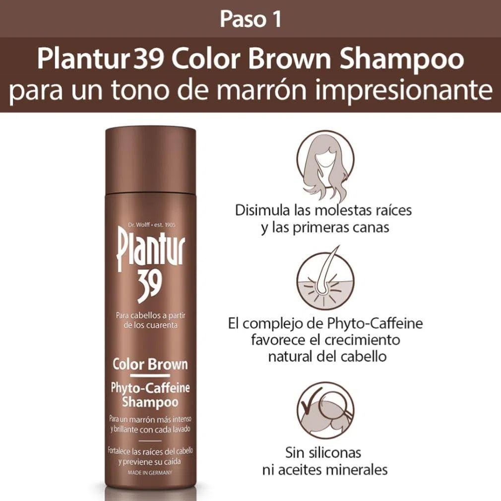 Champú de fitocafeína Plantur 39 color castaño, 250 ml + acondicionador, 150 ml – para un castaño profundo, contra la pérdida de cabello por la menopausia