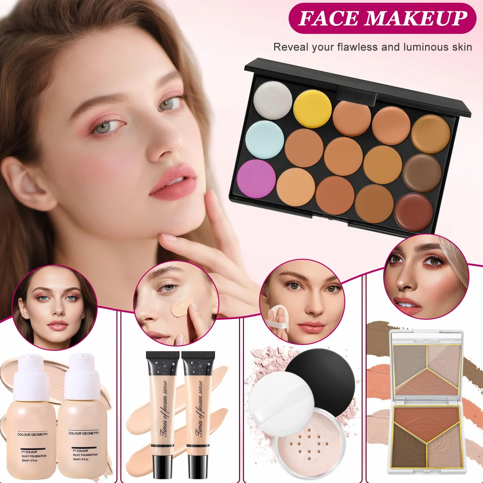 Set Maquillaje Mujer, Set Regalo Maquillaje Adolescente, Kit de Maquillaje Profesional Completo con Paleta Sombras de Ojos Corrector Contorno Base Líquida Eyeliner Mascara Gloss Labios Pinceles