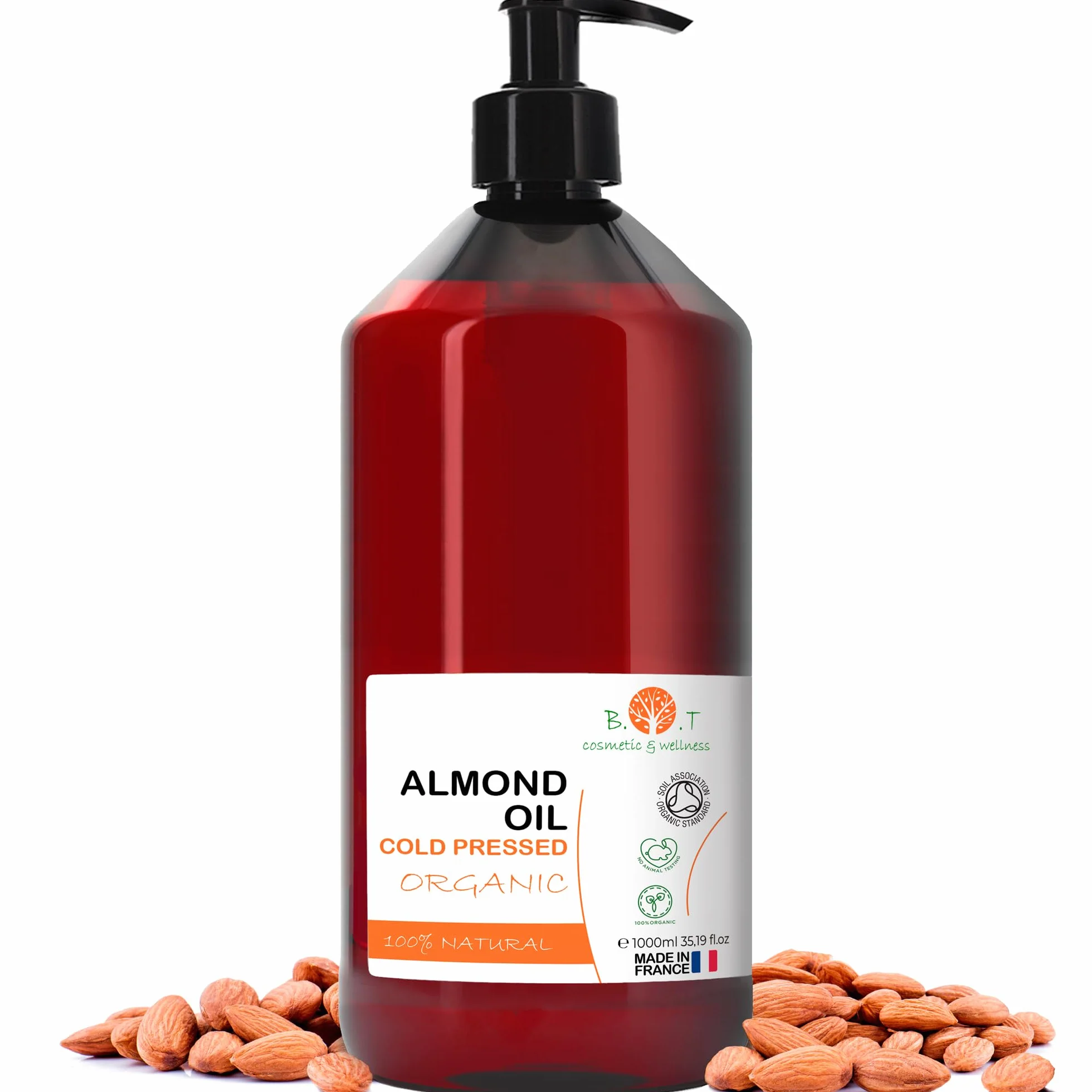 Aceite de Almendras, Organico, Prensado en Frio, Puro, Natural. Aceite Masaje Profesional, Aceite Cabello y Pestañas, Hidratante Corporal Manos, Uñas, Antiedad, Estrias, Embarazo, 1000 ml