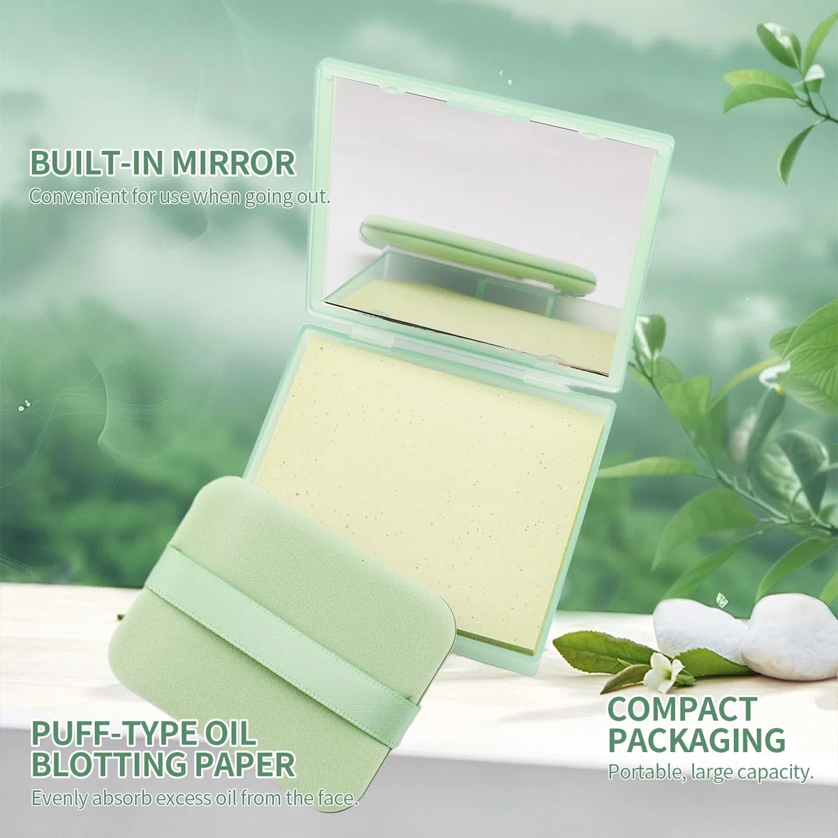 Erinde Hojas secantes de aceite con espejo y soplo, 300 hojas de papel absorbente de aceite facial para piel grasa, aptas para maquillaje