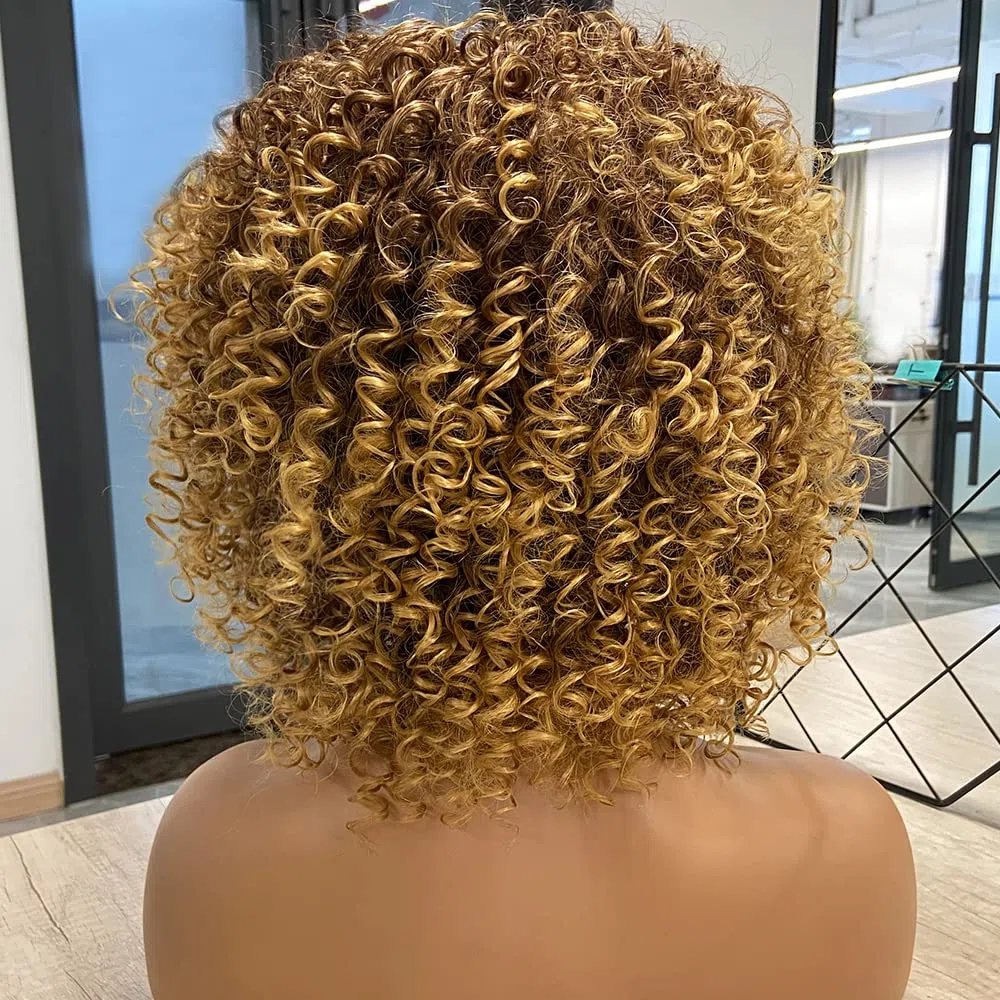 Peluca Afro Marrón Rubio Brasileño Sintético Rizado Pelo Natural para Mujeres, con Flequillo, Pelucas Cortas para Mujeres Negras
