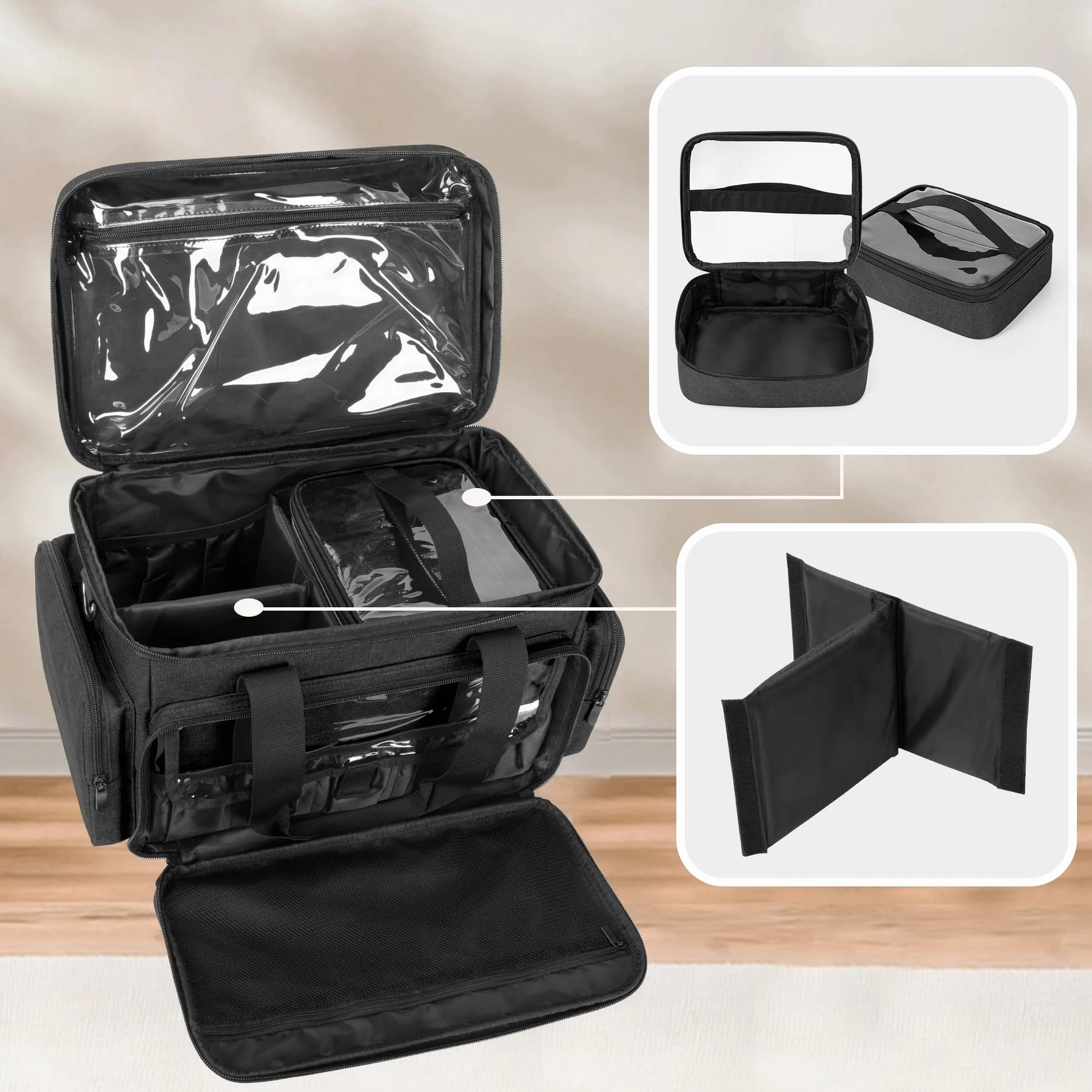 BAFASO Bolsa de Maquillaje de Viaje Grande con 3 Bolsas Interiores Extraíbles y Divisores, Bolsa de Cosméticos Multifunción para Guardar Artículos de Maquillaje y Cabello (Pendiente de Patente), Negro