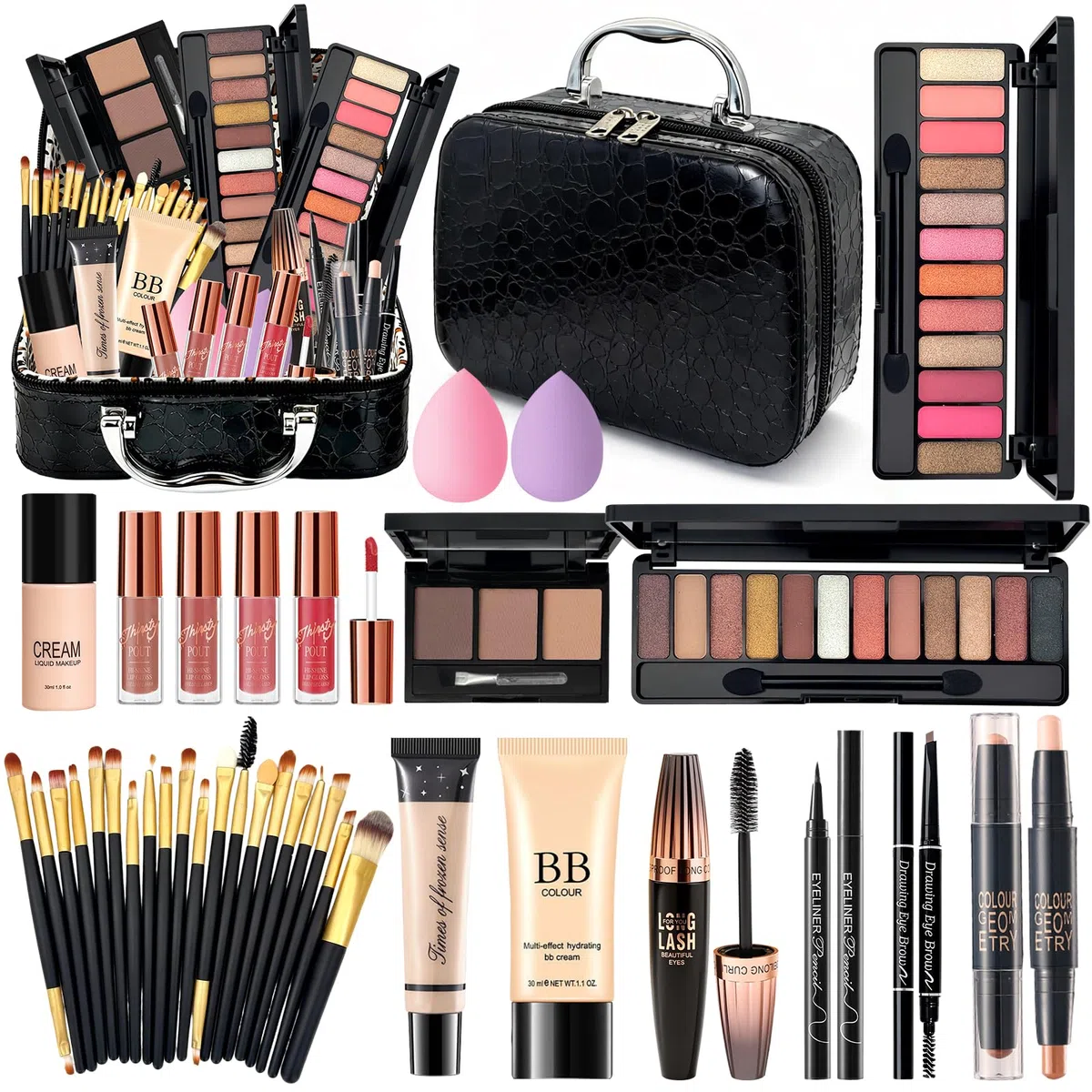 Kit Maquillaje Mujer Profesional Completo, Set de Maquillaje Adolescente Chica con Bolsa Maquillaje Viaje, Estuche Maquillaje Regalo con Paleta Sombras Ojos BB Cream Rímel Gloss Labios Base Maquillaje