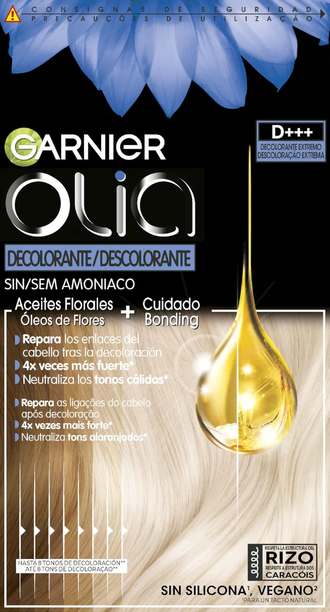 Garnier Olia, pack 3 Decolorante Permanente sin Amoniaco con Aceites Florales de Origen Natural, Decolorante D+++, Aclarado 8 Tonos, El embalaje puede variar