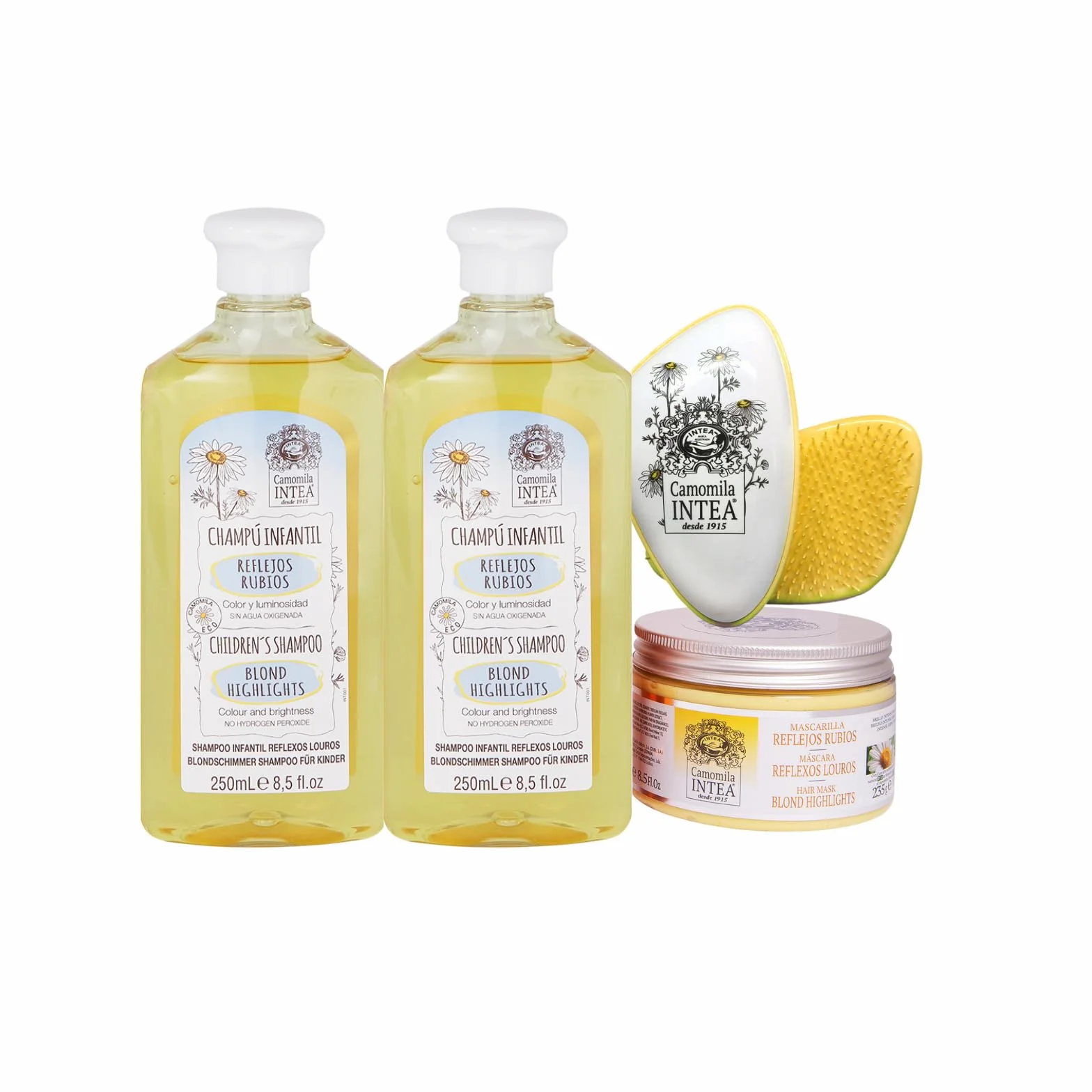Camomila Intea - Champú Infantil Reflejos Rubios 2x250 ML + Mascarilla Reflejos Rubios 250 ML + Cepillo Especial Antienredos y Antitirones - Pack 2x250 ml + Mascarilla + Peine Desenredos