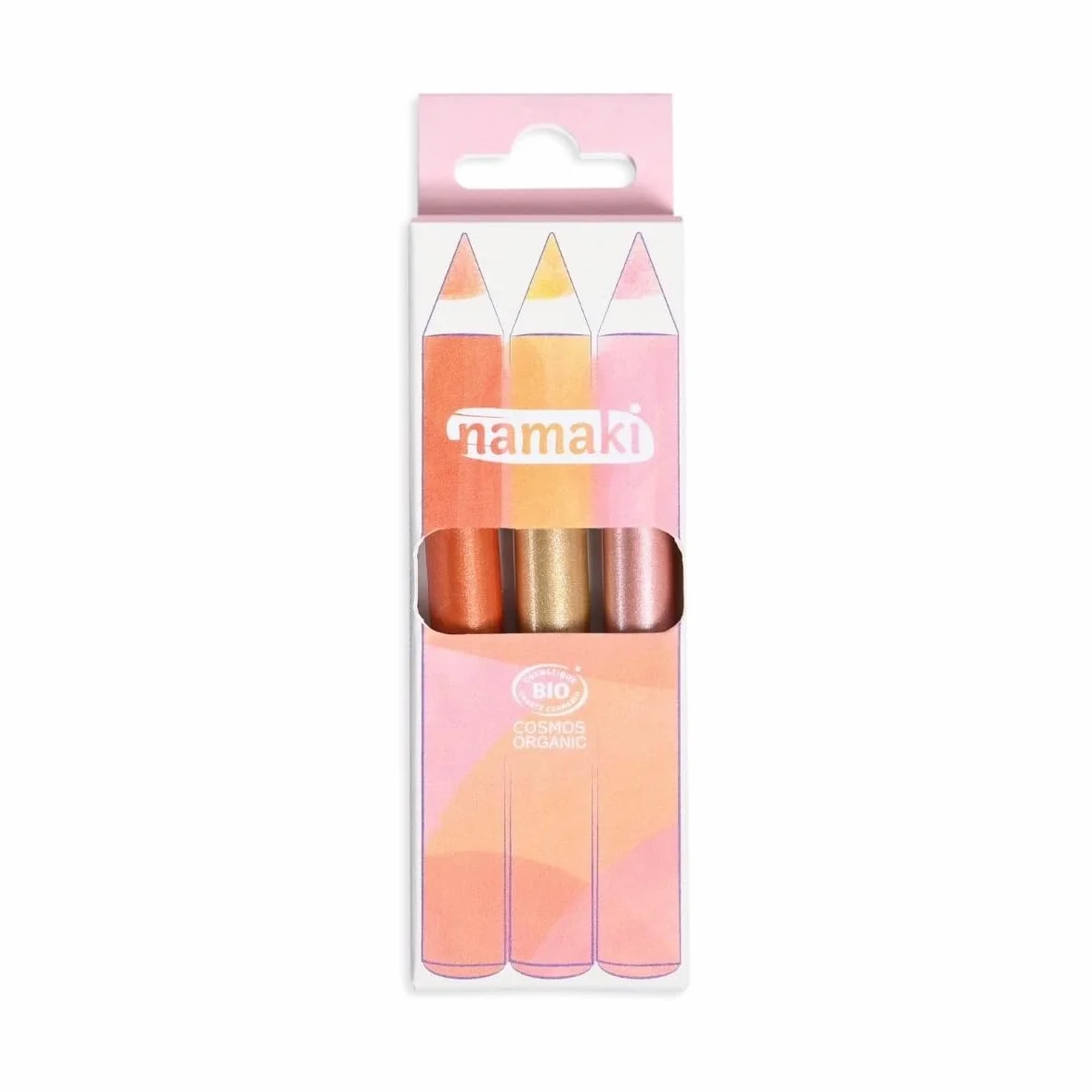 Lápices de maquillaje para niños con lentejuelas Jumbo Bio - Cobre, Oro, Rosa - Certificados Cosmos Organic - Namaki