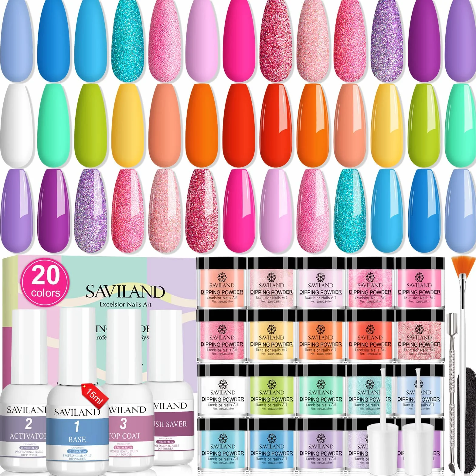 Saviland Dip Powder Nail Kit - Juego de 20 colores Dip Powder Set Dip Powder System Kit con base y capa superior, protector de cepillo activador, regalo para niñas y mujeres, Estilo Vocacional