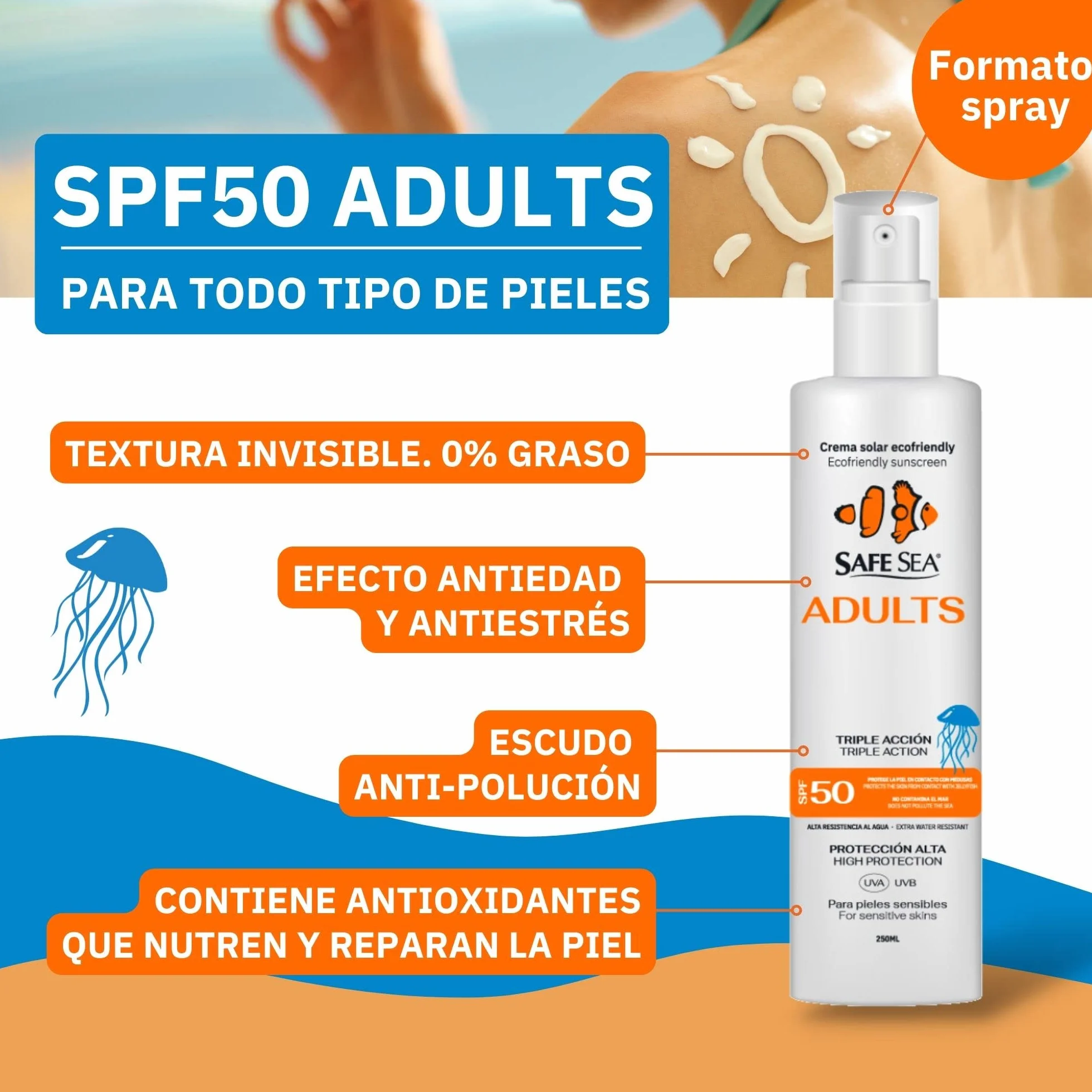 SAFE SEA - Solar Medusas Crema Solar 50 SPF Adultos 250ml | Protector Solar 50 Eco-Friendly | Spray Solar 50 | Proteccion Solar 50 SPF | Antimedusas