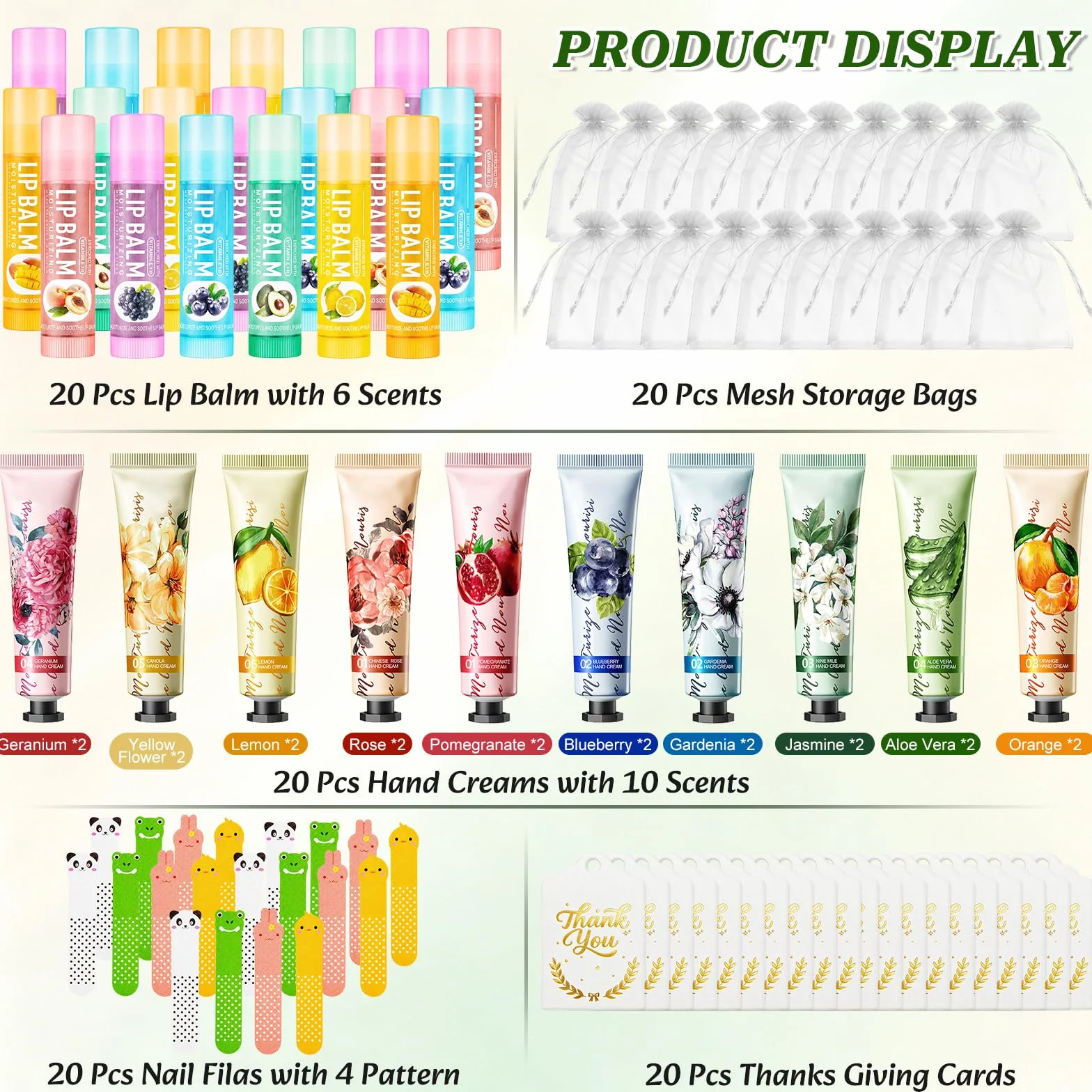 Set de Regalo de 100 Piezas con Crema de Manos, Mini Regalos para Mujeres que Incluyen Cremas de Manos, Bálsamos Labiales, Mini Limas de Uñas, Bolsitas de Organza y Tarjetas de Agradecimiento