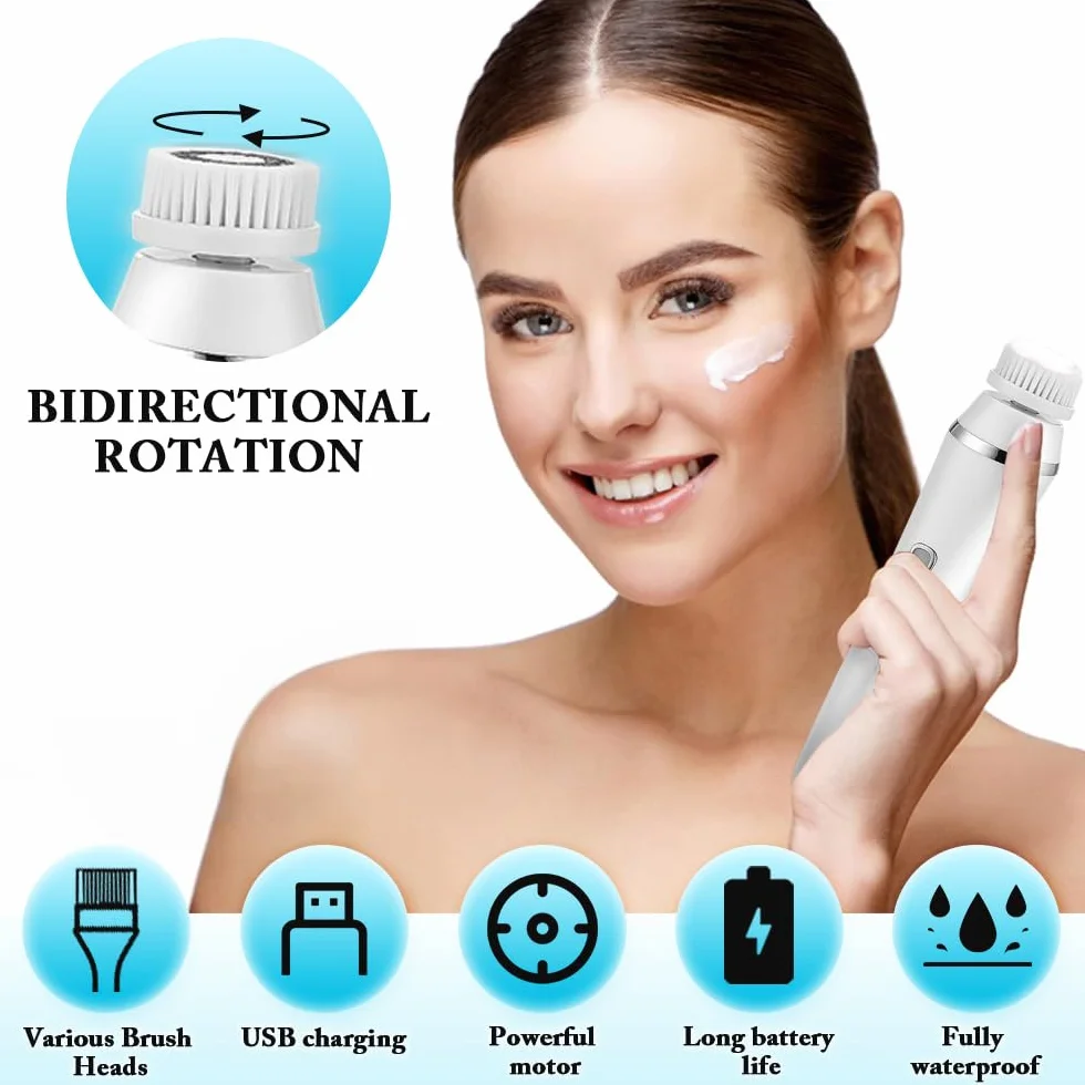 Cepillo de Limpieza Facial, Recargable Limpiador Facial Eléctrico con 4 Cabezales Cepillo facial Masajeador del rostro IPX7 Impermeable Para Todos los Tipos de piel