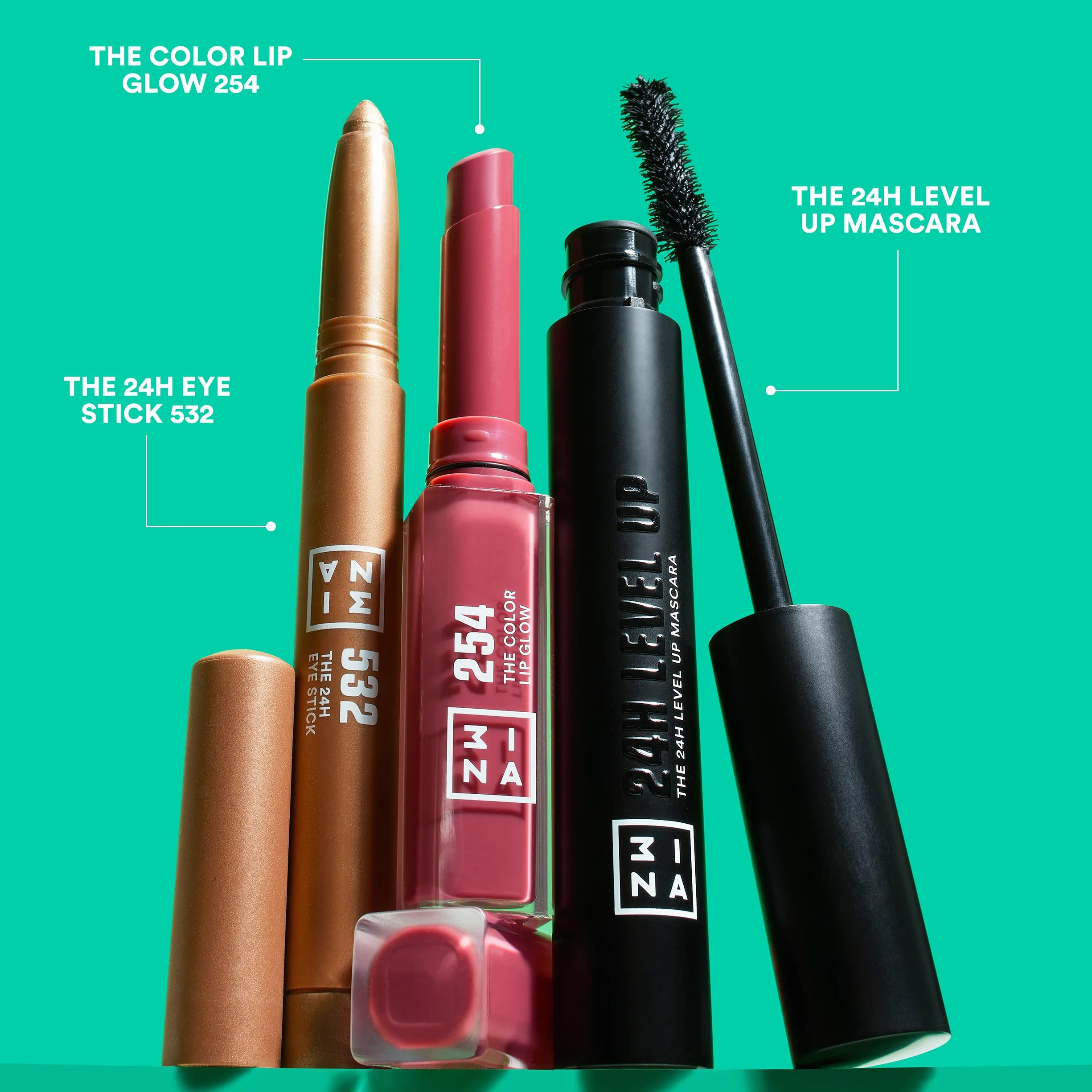 3INA MAKEUP - The Scribble and Glow Kit - Set Maquillaje - 24h Eye Stick 532 + Color Lip Glow 254 + 24h Level Up Mascara 900 - Sombra de ojos + Labial + Mascara - Vegan - Cruelty-Free