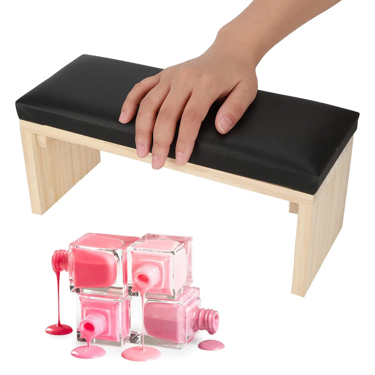 Reposamuñecas de manicura, reposamuñecas con soporte de madera, duradero y suave cojín de manicura de piel sintética para la mesa de uñas(negro)