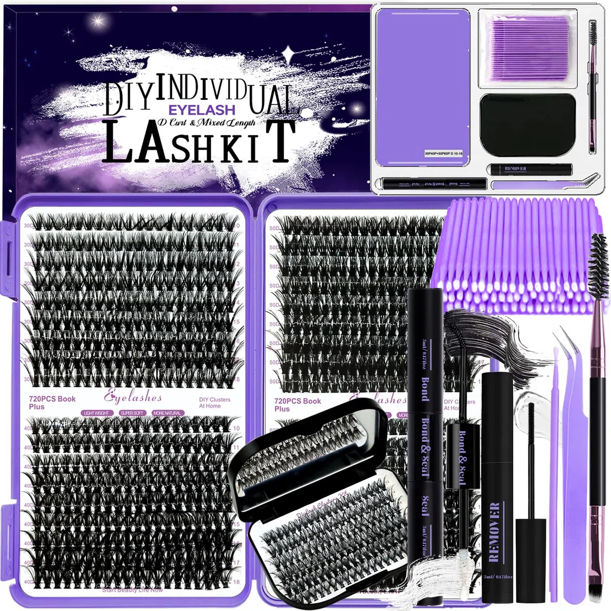 DNSGOOR Kit de Extensión de Pestañas DIY 840 Lash Cluster Caja de Pestañas de Espejo,Pegado y Sellado de Pestañas,Eliminación de Pestañas,Cepillo de Pinzas Mini Aplicador
