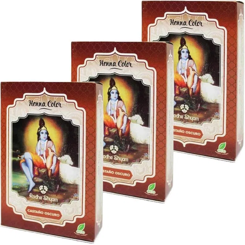 Pack 3x Henna Castaño Oscuro en Polvo 100g | Rhade Shyam | Coloración Capilar Vegetal | 100% Natural y Vegana | Sin Amoniaco ni PPD