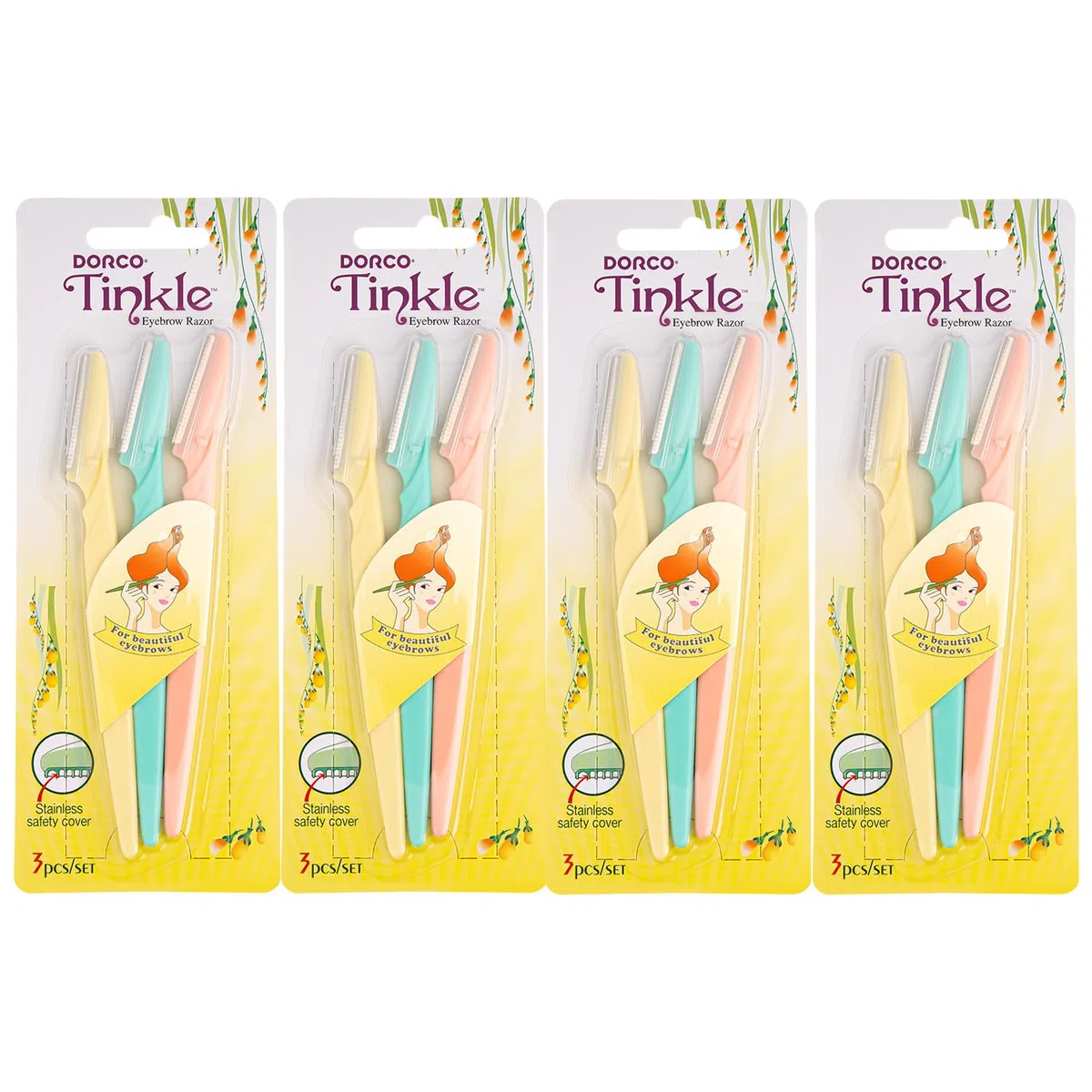 Dorco Tinkle - Maquinillas de afeitar para cejas, 12 unidades (4 paquetes de 3), recortadora de cejas de precisión y herramienta de dermaplaning para una depilación segura y sin esfuerzo, regalo de